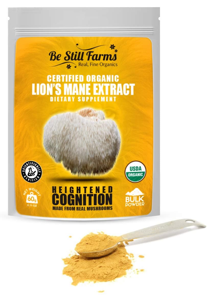Be Still Farms Organic Lion's Mane Powder (60g) Real Mushrooms for Lions Mane Elixir or Lions Mane Tea from Organic Mushroom Farm - Lions Mane Powder Extract is The Ideal Smoothie Booster Powder