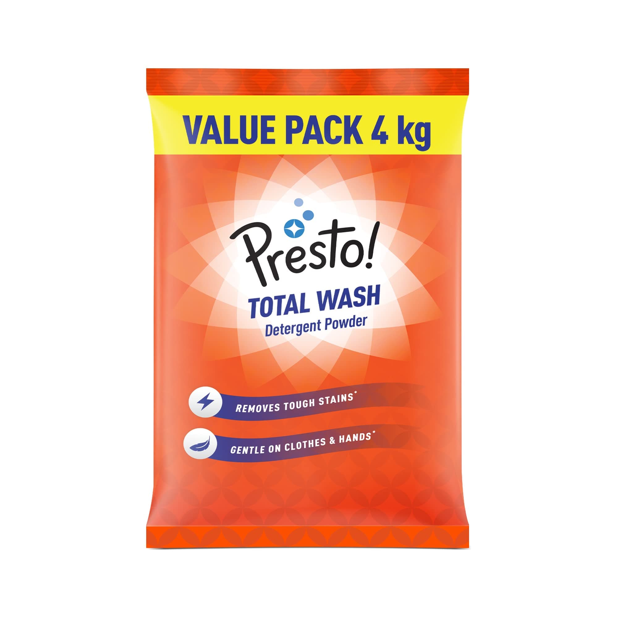 Amazon Brand - Presto! Total Wash Detergent Powder | 4 Kg | Machine And Hand Wash | Removes Tough Stains | Safe And Gentle On Fabrics & Hands | Bleach-Free