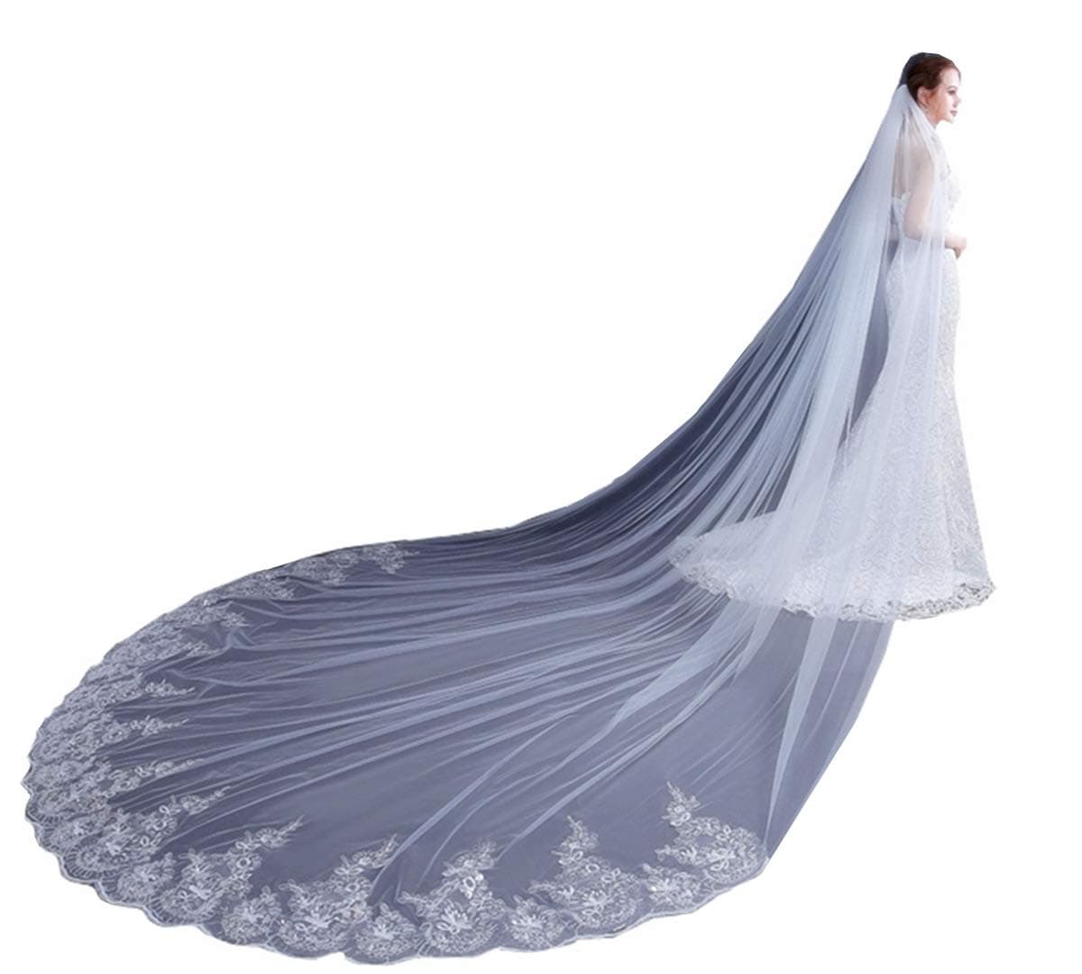 U-Hotmi Women Cathedral Wedding Veil Long Bridal Veil Lace Sequins Edge with Metal Comb