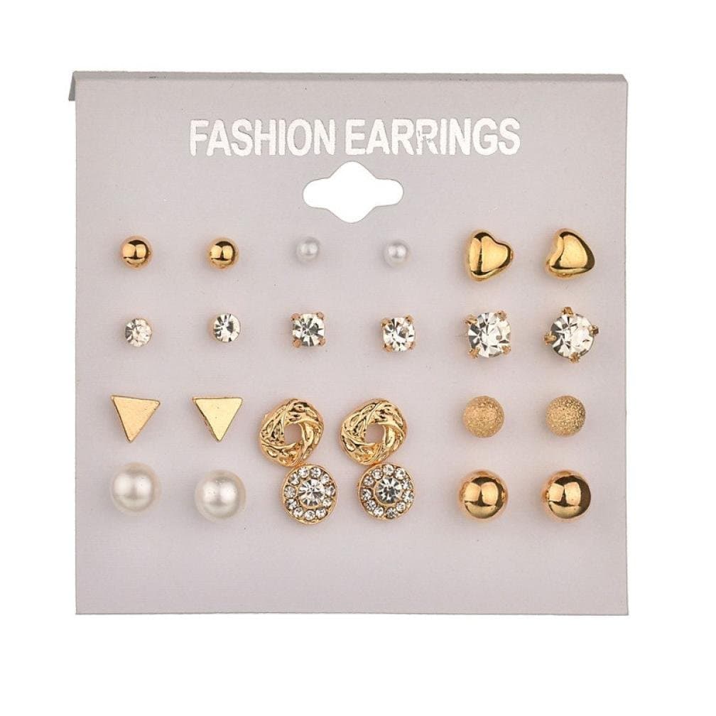 Clearance! 12Pairs Multiple Stud Earring Fashion Assorted Pearl Crystal Heart Stud Triangle Earring Set Jewelry For Women Girls (Gold, alloy)