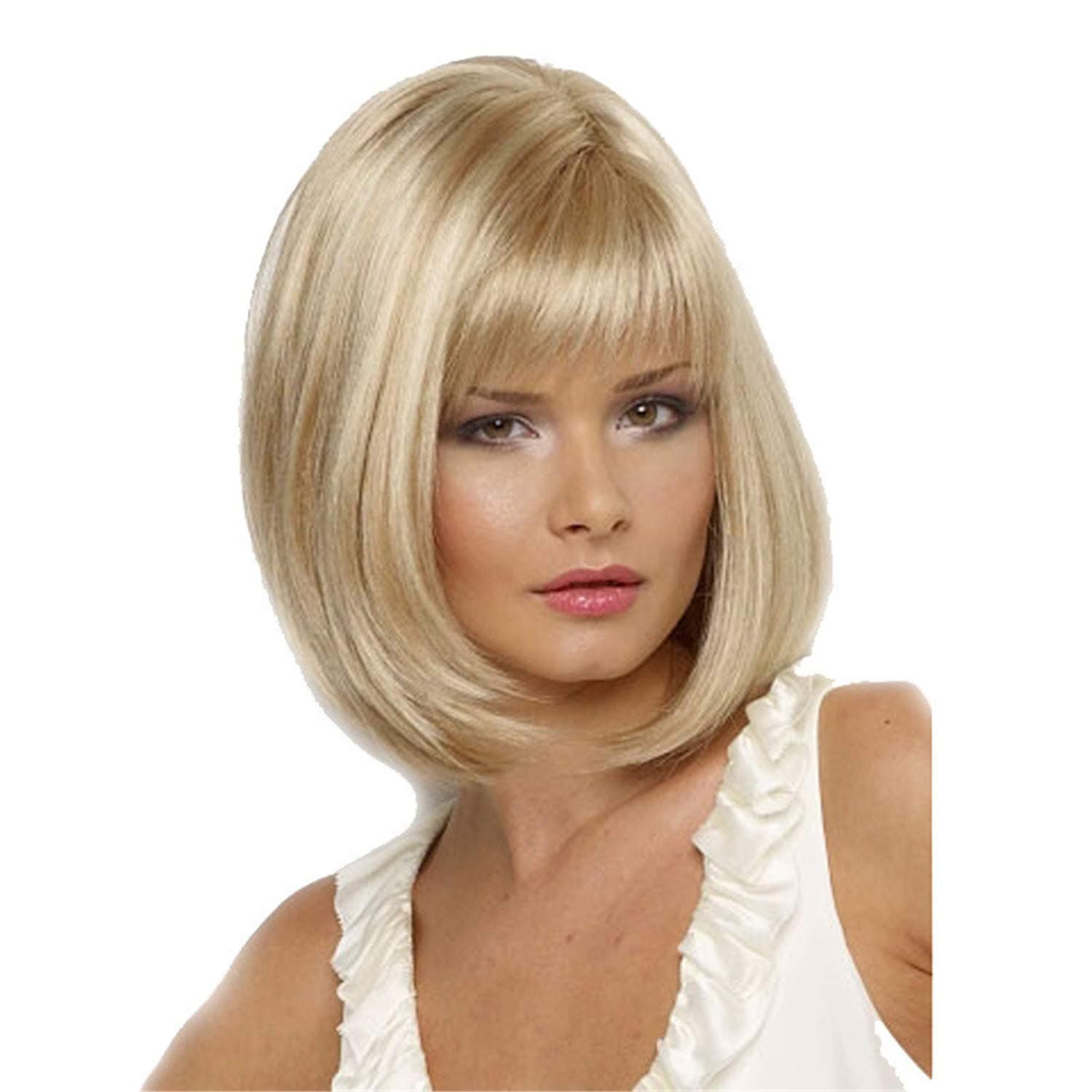 Short Bob Straight Blonde Mixed Wigs for Women Ladies Synthetic Full Hair Natural Honey Ash Strawberry Gold Wig with Bangs for Cosplay Costume or Daily Life