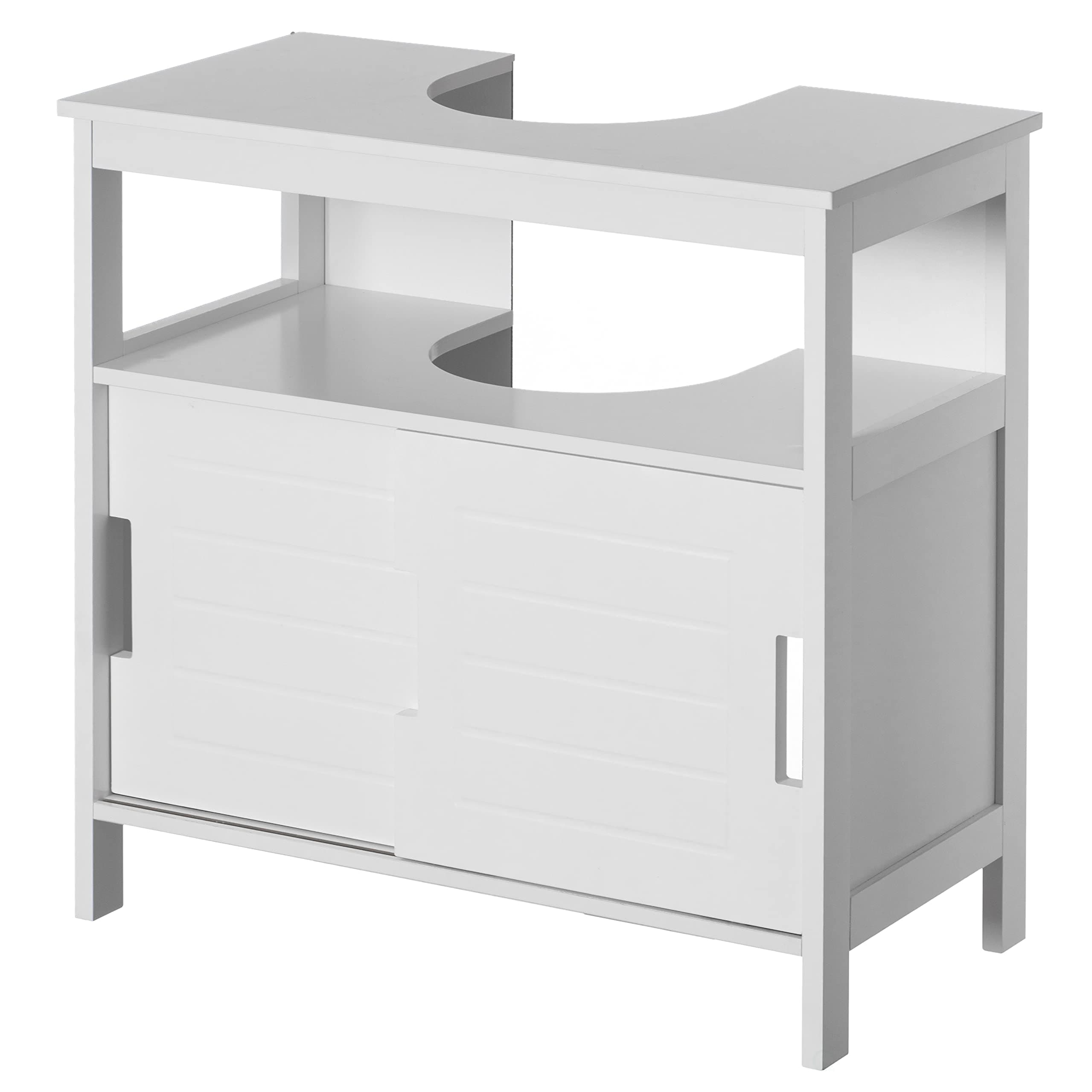 Basicwise White Vanity Sink Base 2 Cabinet Storage U Shape Organizer, Rolling Doors, and Open Shelf
