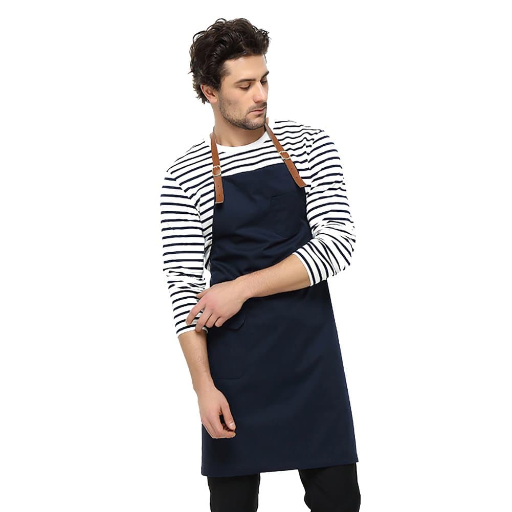 JYPHM Chef Apron Leather Straps Restaurant BBQ and Home Kitchen Apron for Women and Men Professional Chef Bib Apron with Pockets