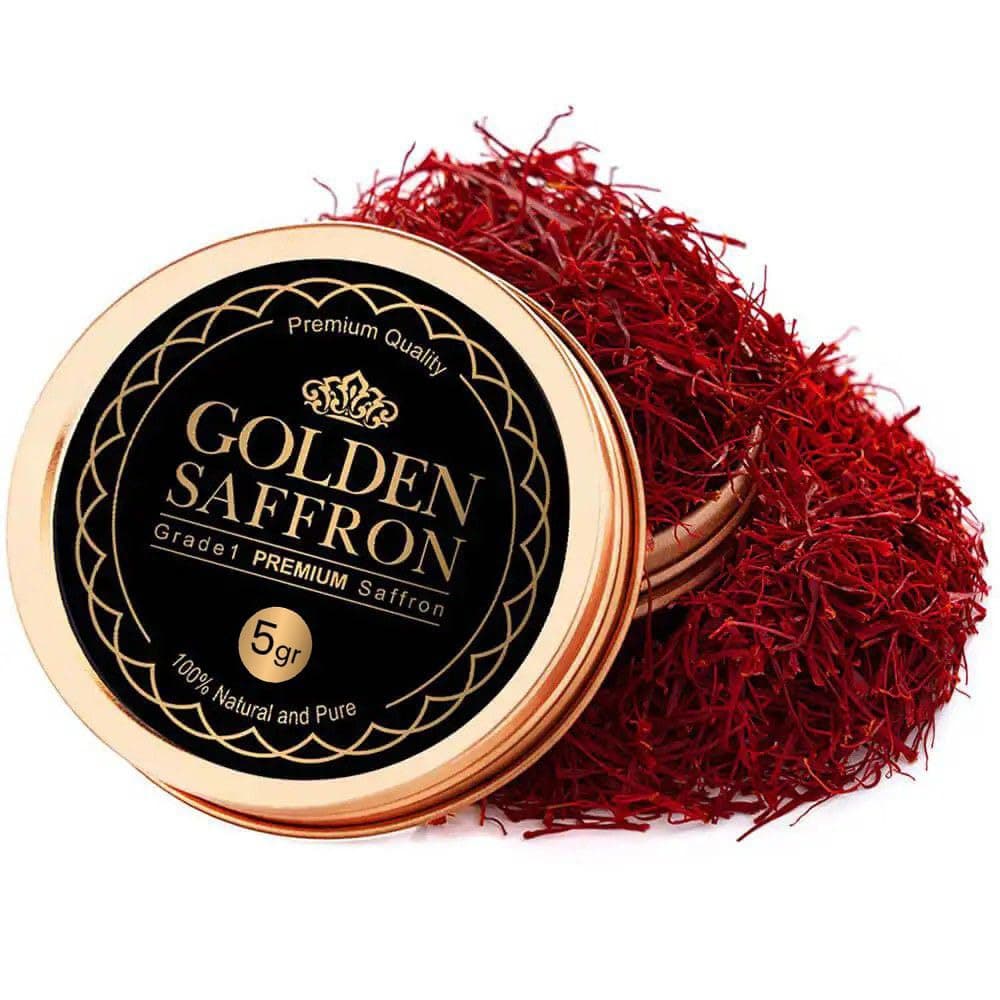 Golden Saffron, Finest Pure Premium All Red Saffron Threads, Grade A+ Super Negin, Non-GMO Verified. For Tea, Paella, Rice, Desserts, Golden Milk and Risotto (5.0 Grams)