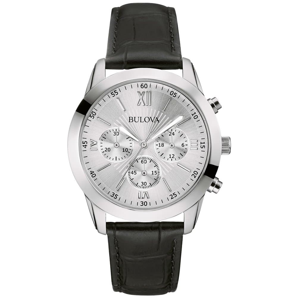 Bulova 96A162 Gents Premium Dress Watch, Embossed Leather Strap, Silver Analogue Dial, Japanese Quartz Power, Chronograph Capabilities, 30 metres Water Resistant.