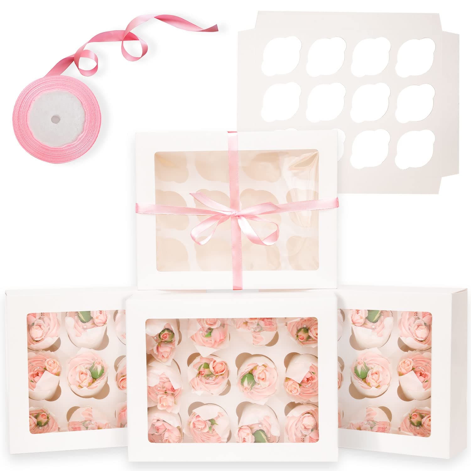 12 Cupcake Containers 20-Packs White Cupcake Box Cupcakes Carrier, 12 Cupcake Boxes with Window 13"x10"x3.5"(Auto-pop up)