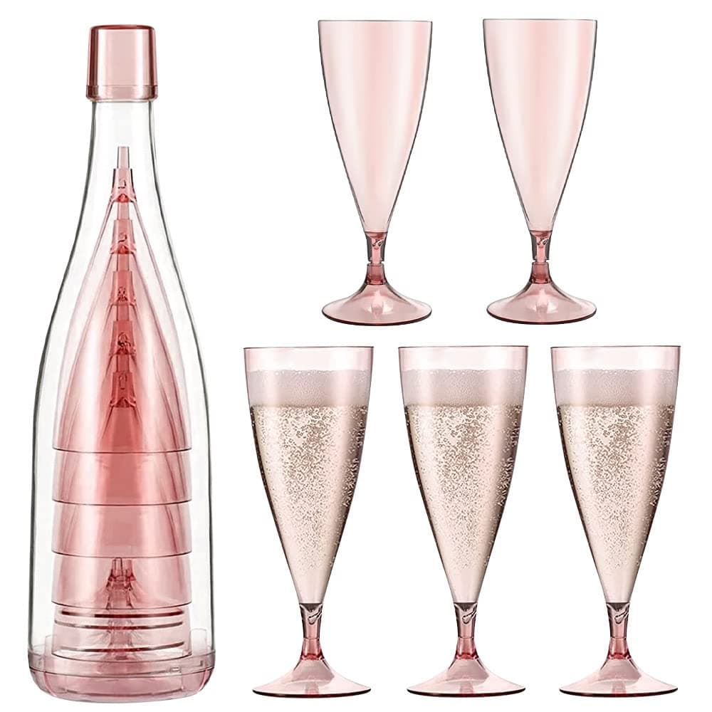 LYTIVAGEN 5 PCS Stackable Champagne Glasses Set Portable Champagne Glass Reusable Champagne Flutes Set Plastic Wine Glasses with Bottle Container Picnic Wine Glasses Set for Parties Home Travel (Pink)