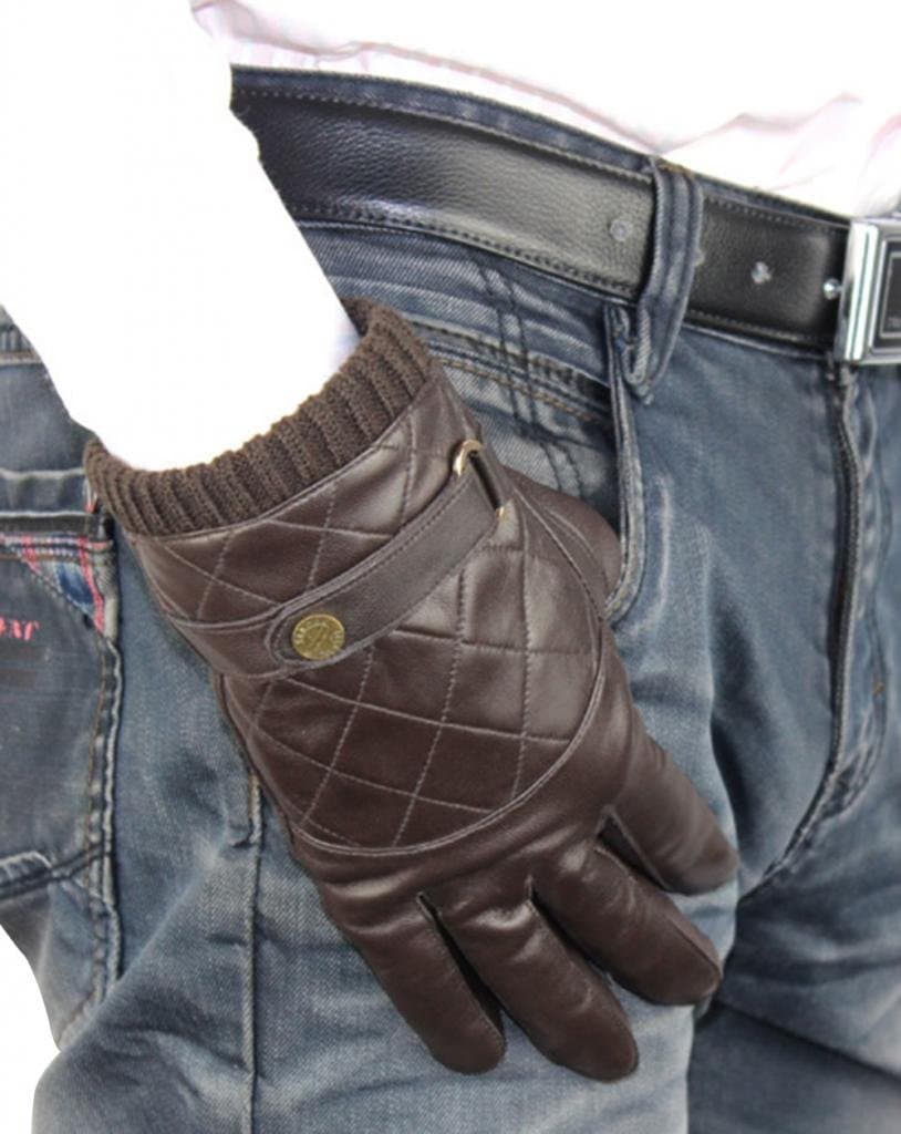 HINY Men's Dark Brown Quilted Fully Lined Thick Slim 5-Finger Winter Gloves