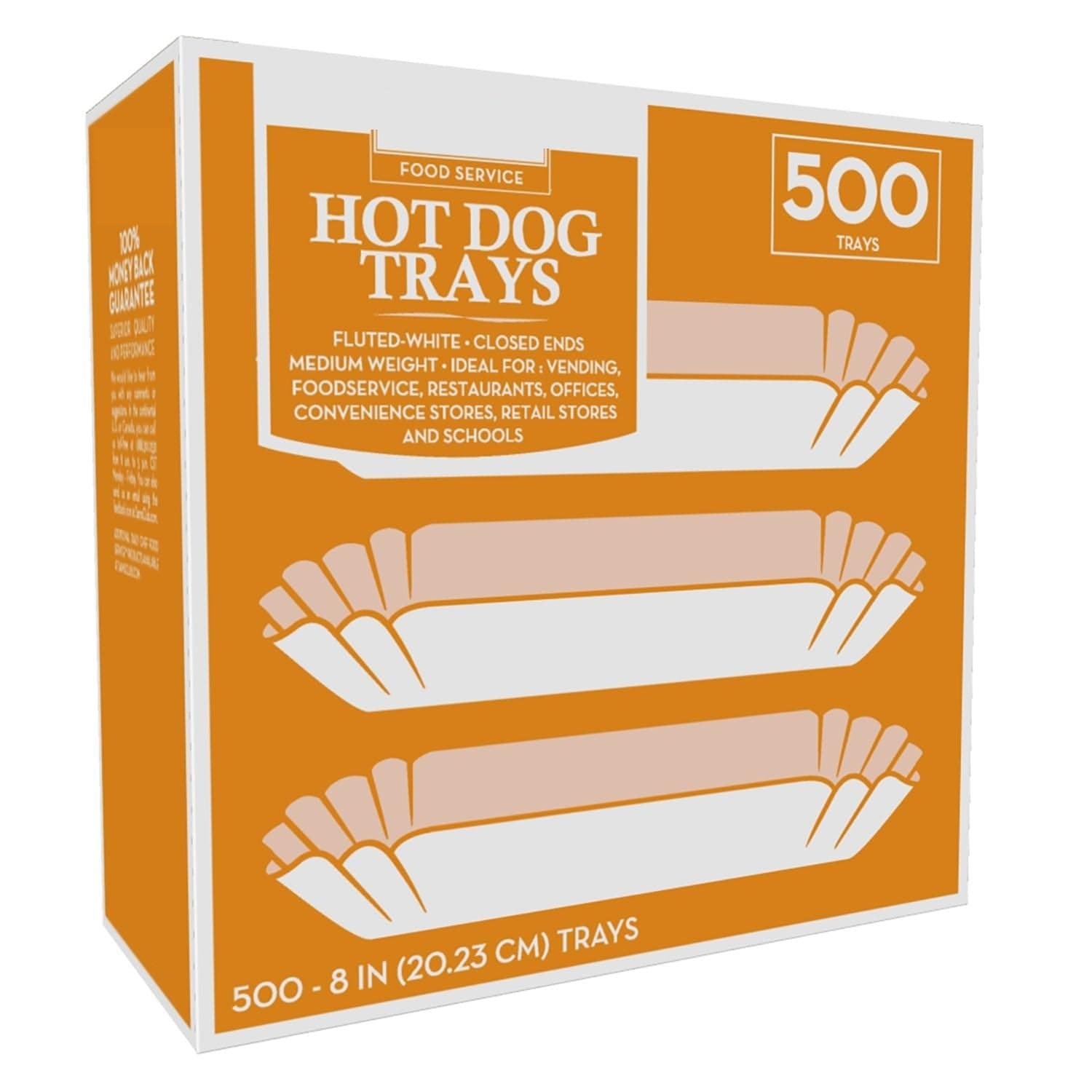 500 Paper Hot Dog Trays | White Hot Dog Wrappers | 8 Inch Hotdog Tray Holders Plates | Disposable Fluted Hotdog Boats | Hotdog Container - Concession Stand Trays - Hot Dog Cart Accessories