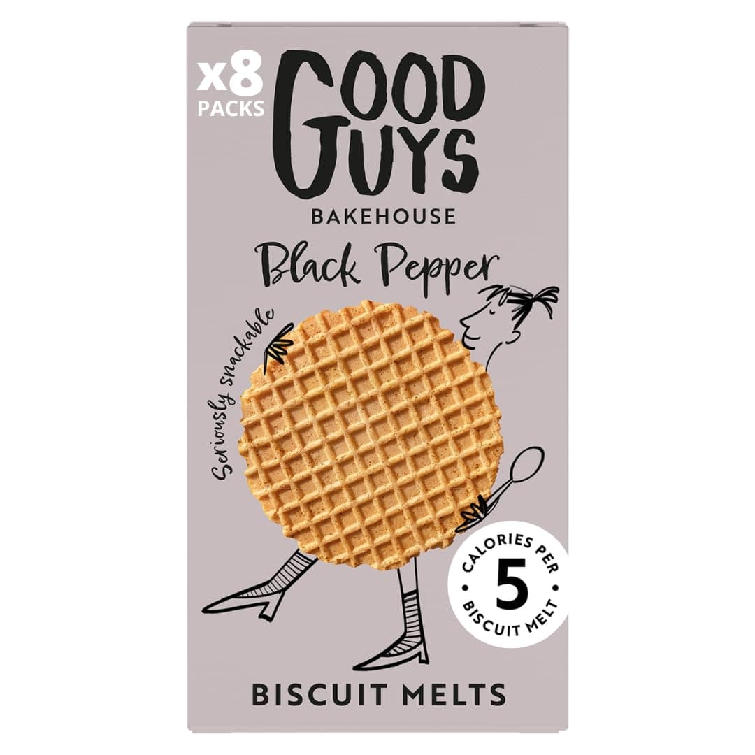 Good Guys Black Pepper Crackers 8xPacks. Tasty, Melty, 40% less fat, only 5 calories each! Healthy Biscuits. Low Calorie Snack Crackers. 8x50g packs - 39 biscuits per pack.
