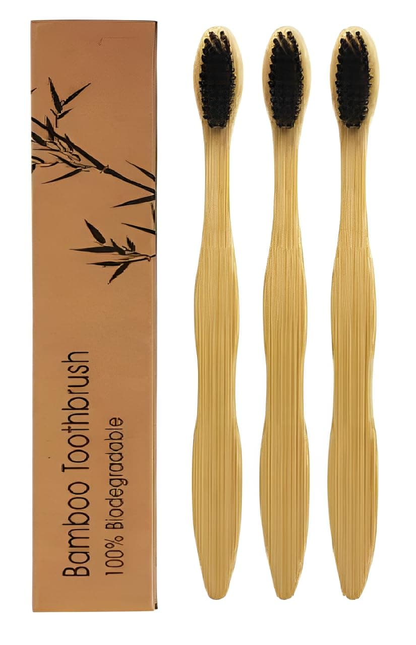 INSIME Bamboo toothbrush set for teeth | Organic Natural wooden toothbrush for adults | Charcoal Bamboo brush wood toothbrush for men & women | Eco friendly Non plastic Wooden tooth brush for Adults