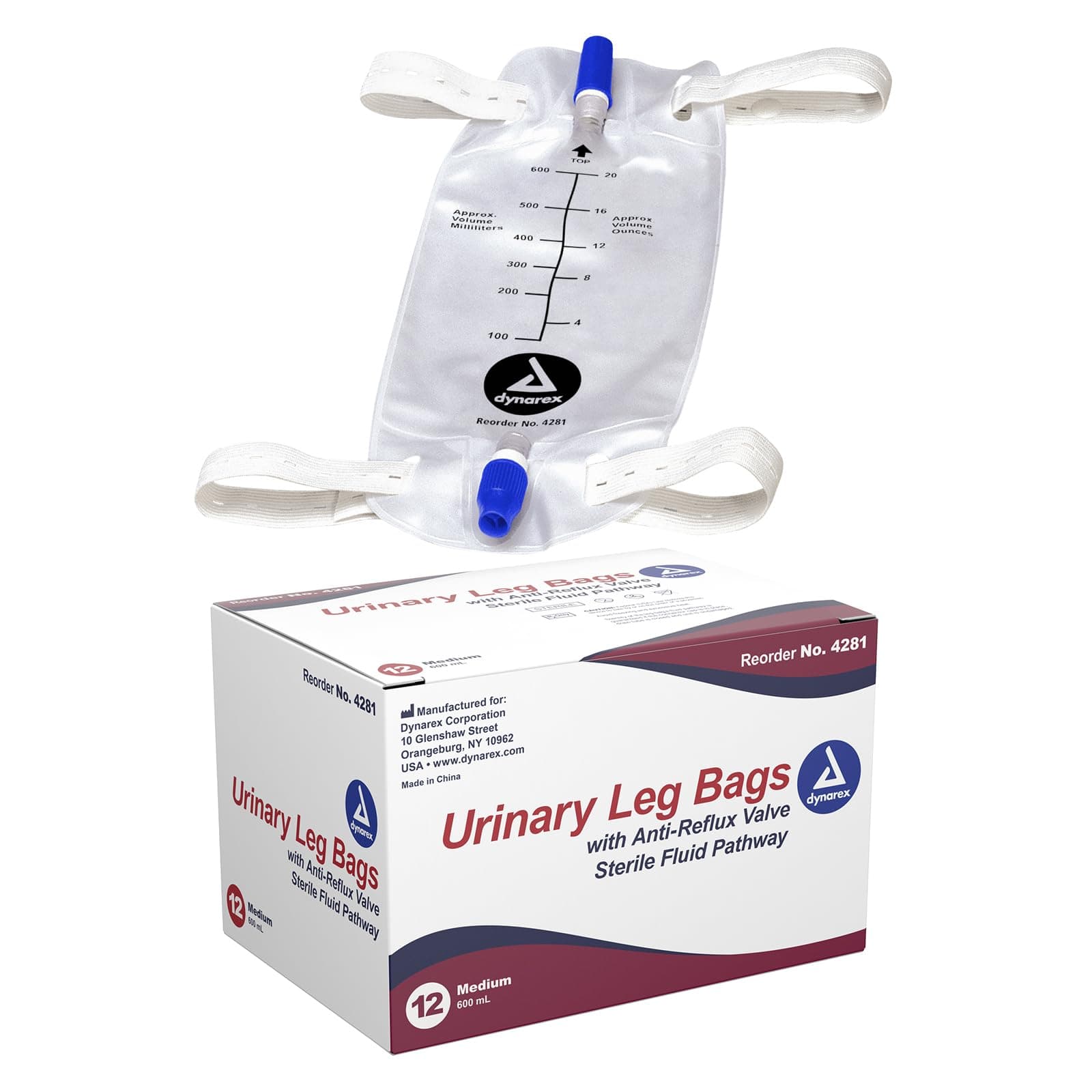 Dynarex Urinary Leg Bag - 4281-BX - Medium, 600mL, 12 Each / Box