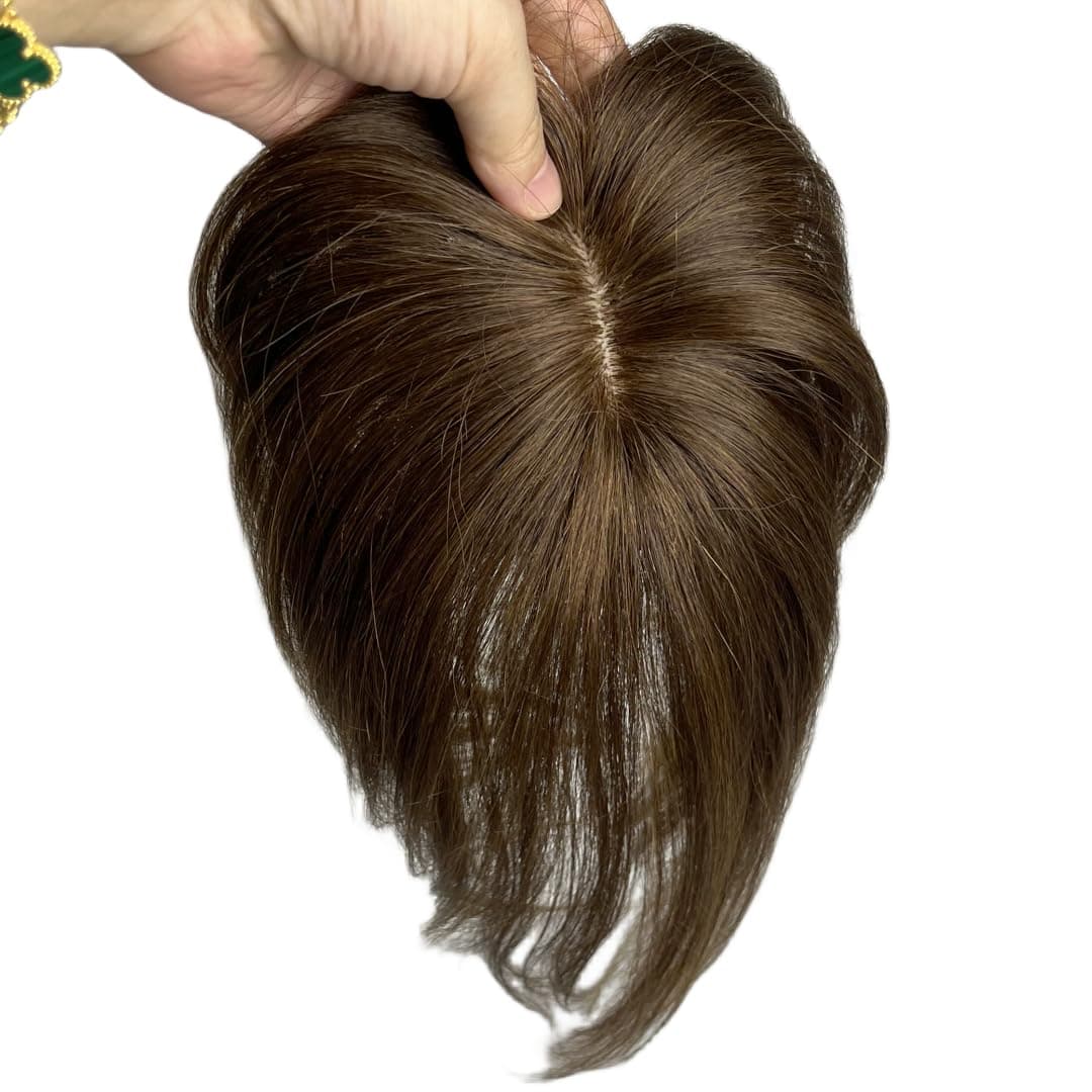 Anemone Human Hair Toppers Clip In Hairpieces With 3D Air Bangs Hair For Women Mini Short Straight Hair Bangs Toupee Small Mid Part Wiglets for Mild Hair Loss Volume Cover Gray Hair (Brown)