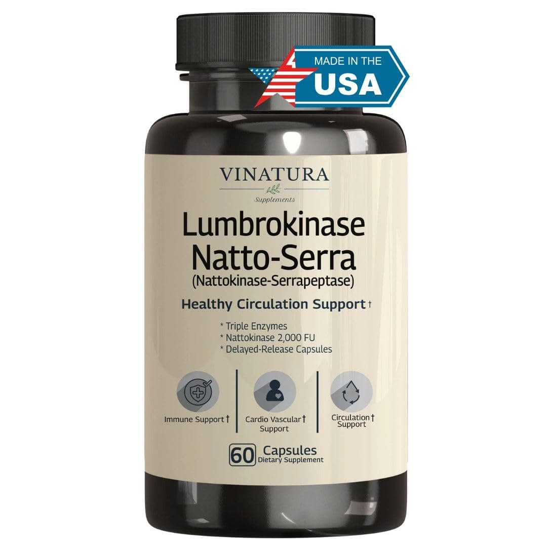 VINATURA Lumbrokinase Serrapeptase Nattokinase - Nattokinase 2000 FU, Lumbrokinase Enzymes Supplement for Blood Circulation Support - 60 Capsules