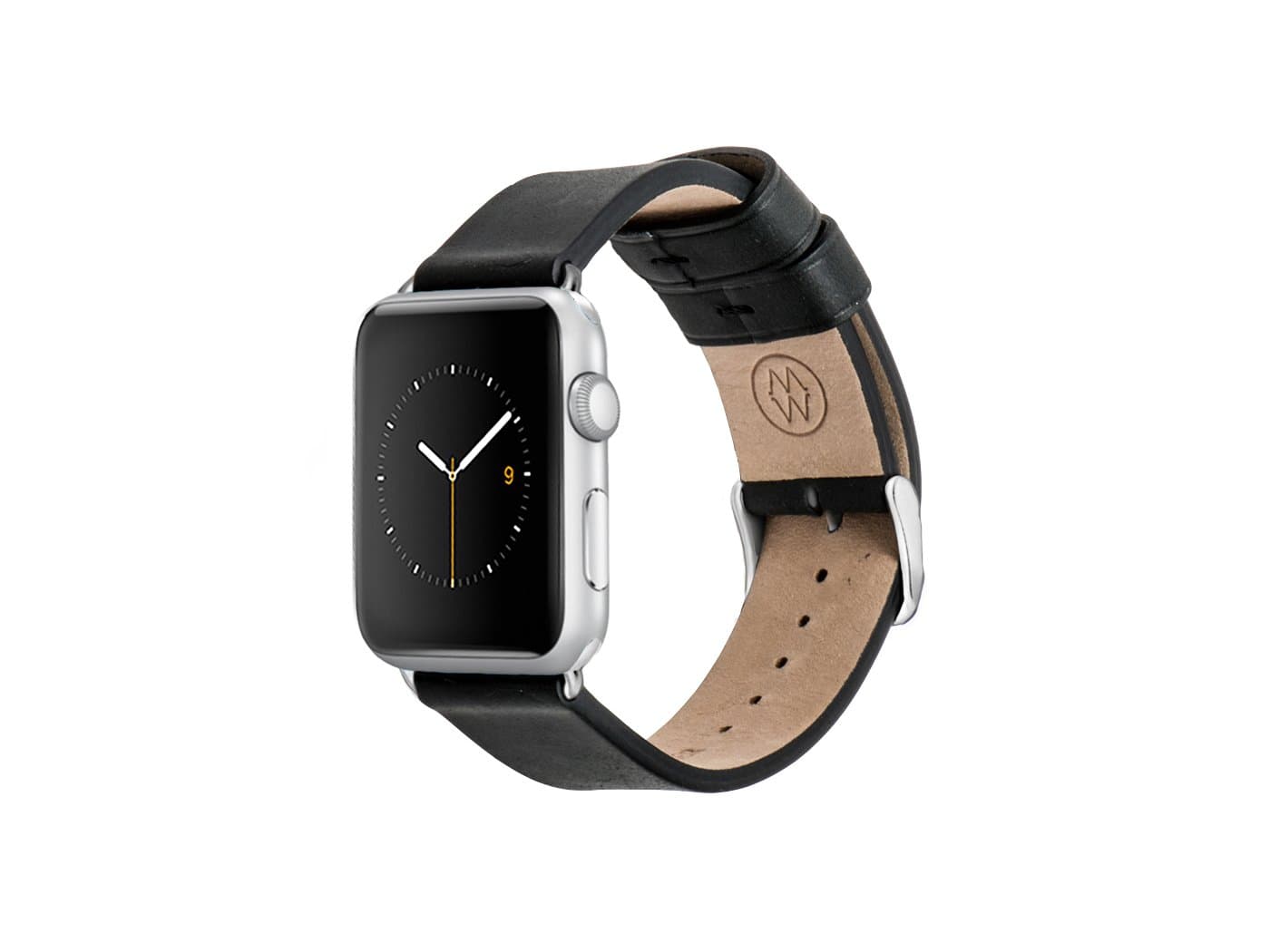 Black leather band for 42MM Apple Watch stainless steel