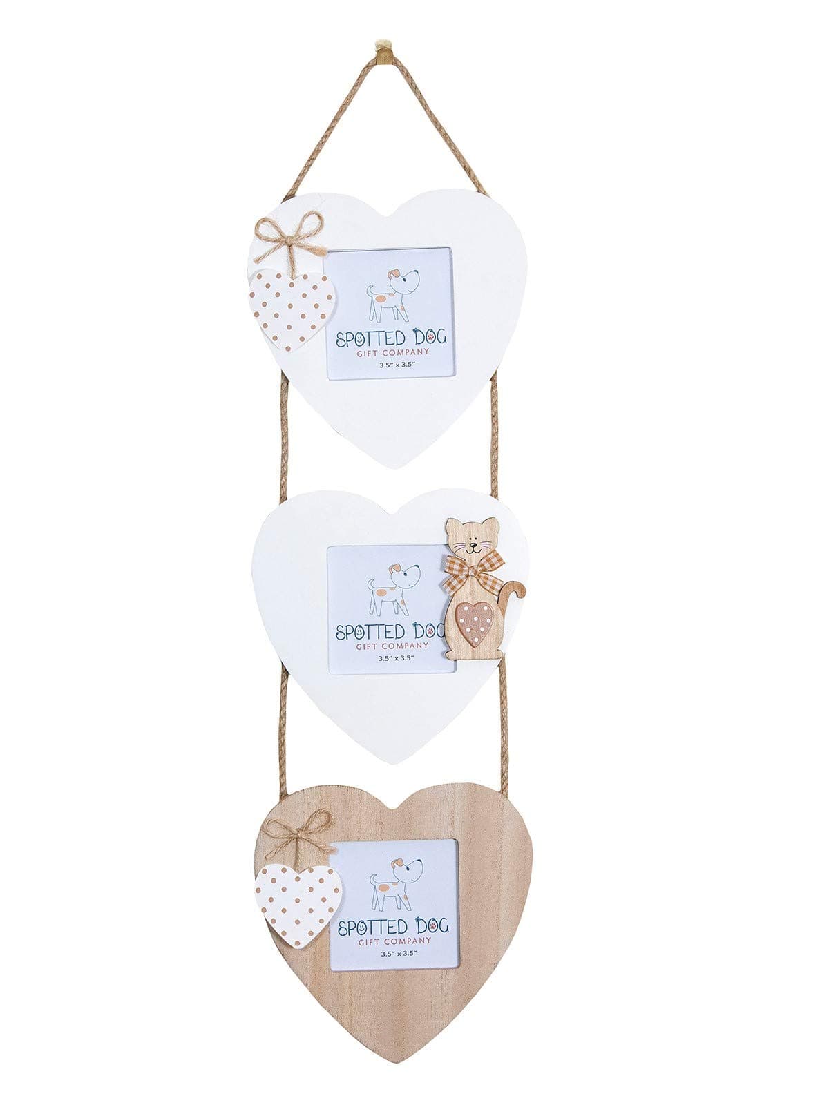 SPOTTED DOG GIFT COMPANYMulti Photo Frames for Wall Hanging, Triple Heart Shaped Wooden Cat Picture Frames for 3.5 x 3.5 Photos, Cute Home Decor Gifts for Cat Lovers Pet Owners - White Brown