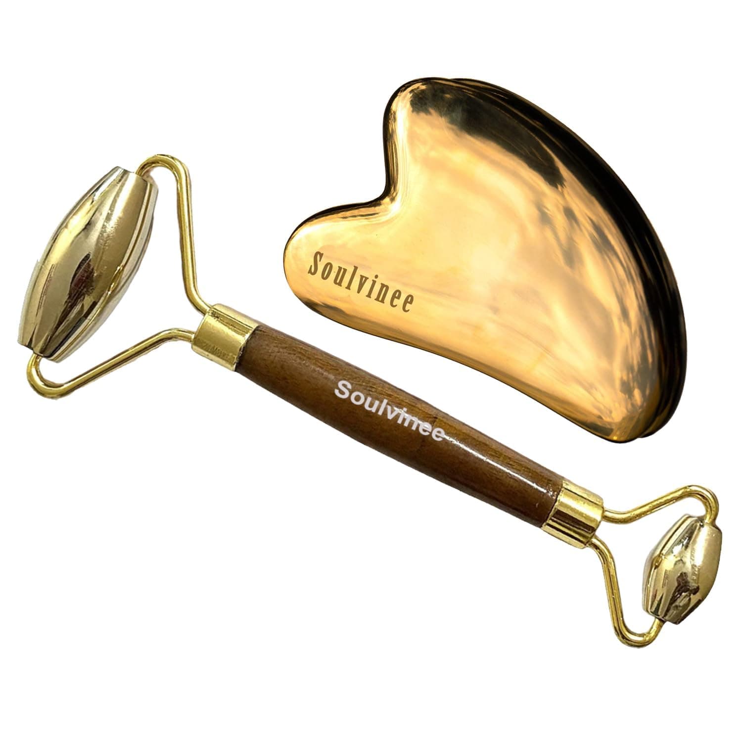 Bronze Kansa Metal Face Roller and Heart Shape Kansa Gua Sha Scraping Massage tool, Manual Massage for Face (Kansa Roller + Kansa Gua Sha)