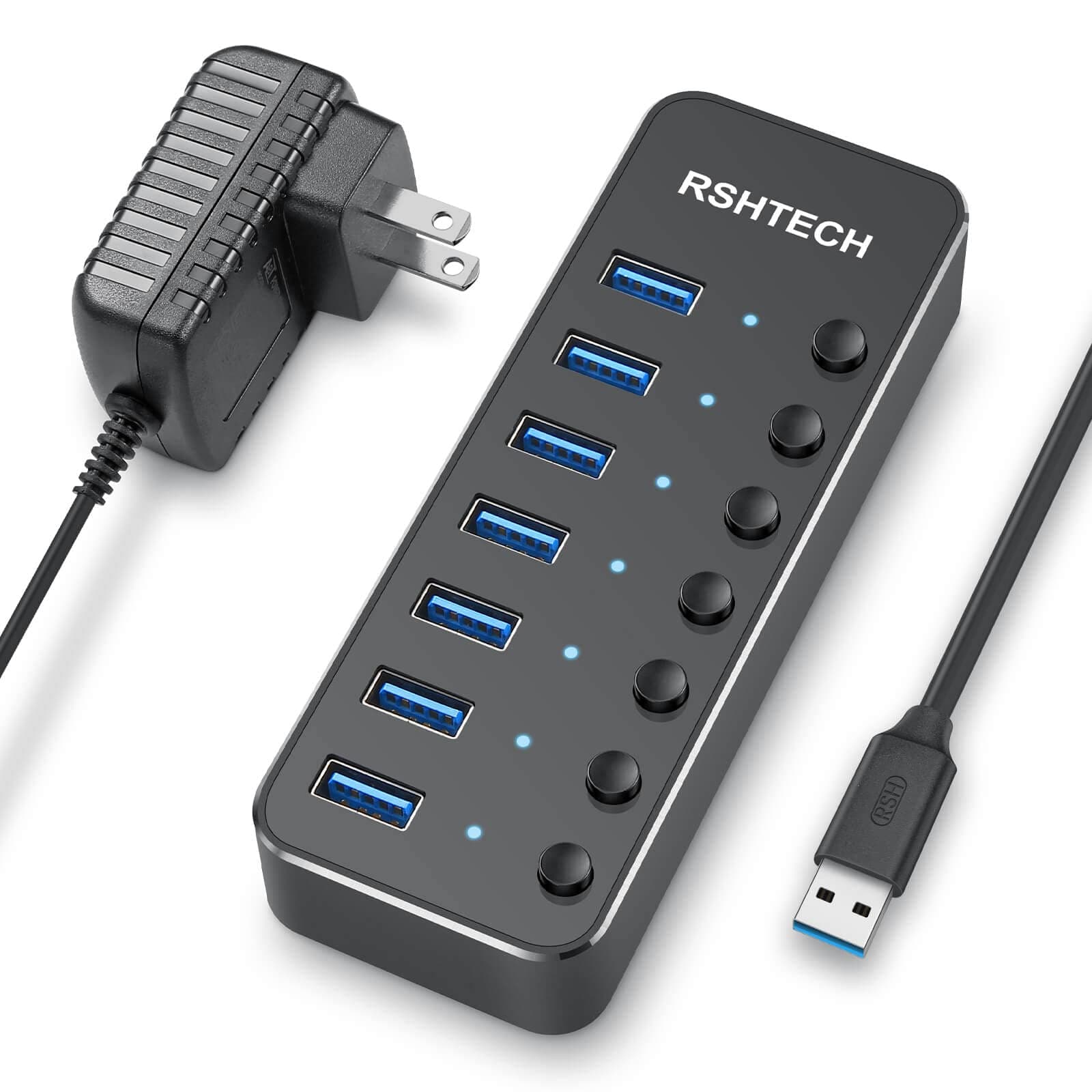 RSHTECH USB 3.0 Hub 7 Port Powered USB Hub Expander Aluminium USB 3.0 Data Port Hub with Universal 5V AC Adapter and Individual On/Off Switches USB Splitter for Laptop and PC (Black)