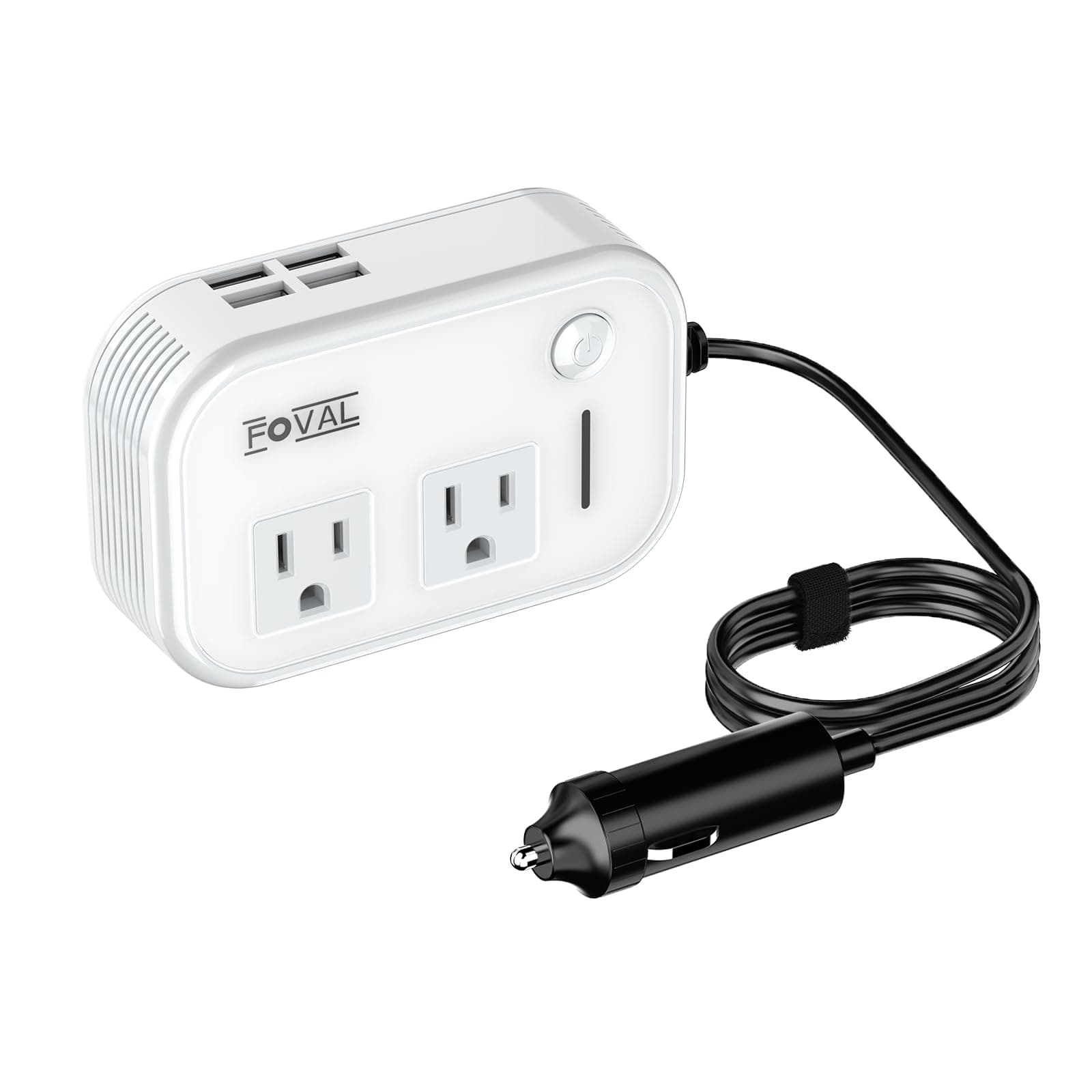 FOVAL Car Power Inverter, 200W, 240V, 2 USB Ports (6.2A), 2 AC Outlets, White, 1 Pack