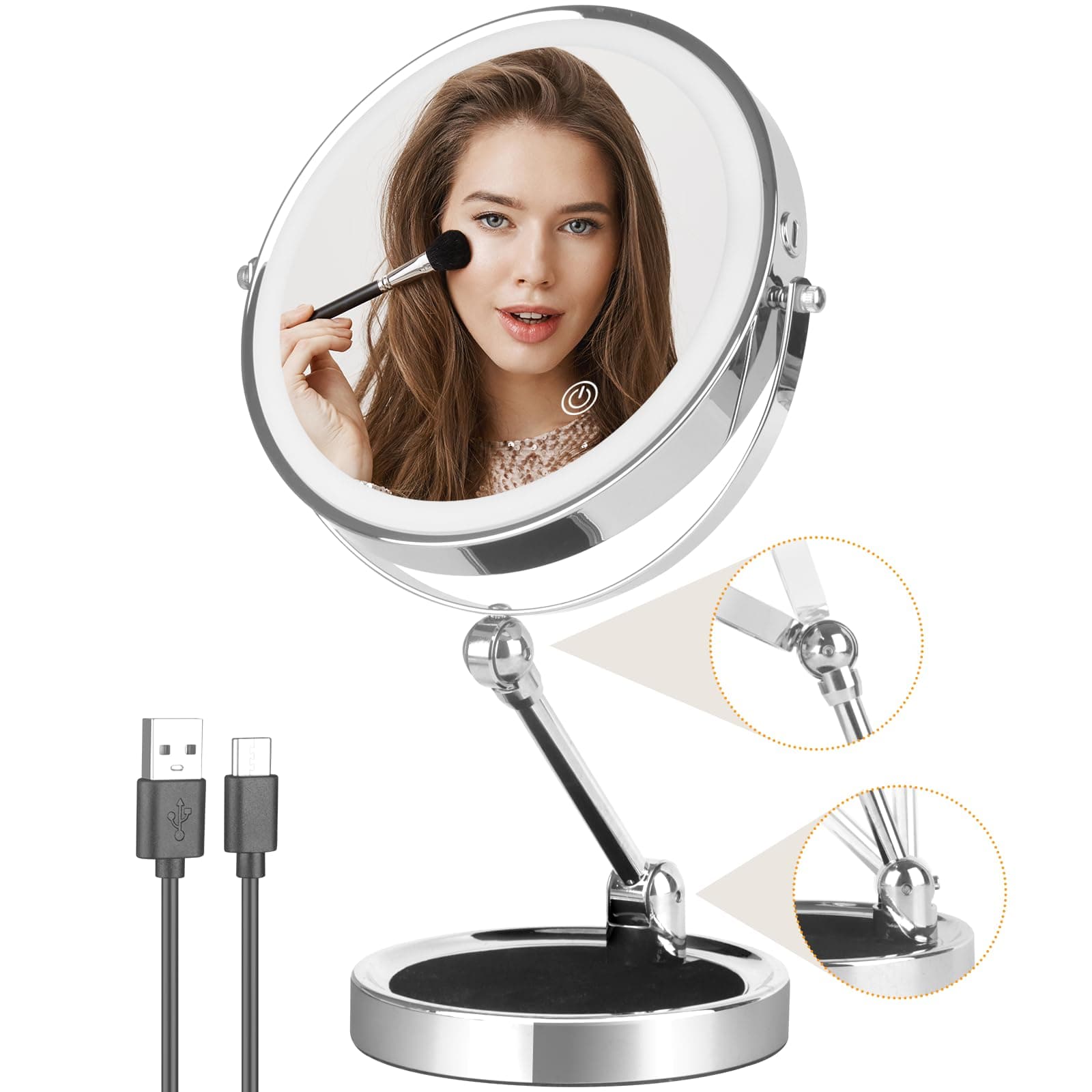 Magnifying Mirror with Light, Height Adjustable Desktop Mirror, Double Side 1x/10x Lighted Makeup Mirror, 8 Inch Swivel Vanity Mirror with Stand Brightness Adjustable Travel Cosmetic Mirror (Chrome)