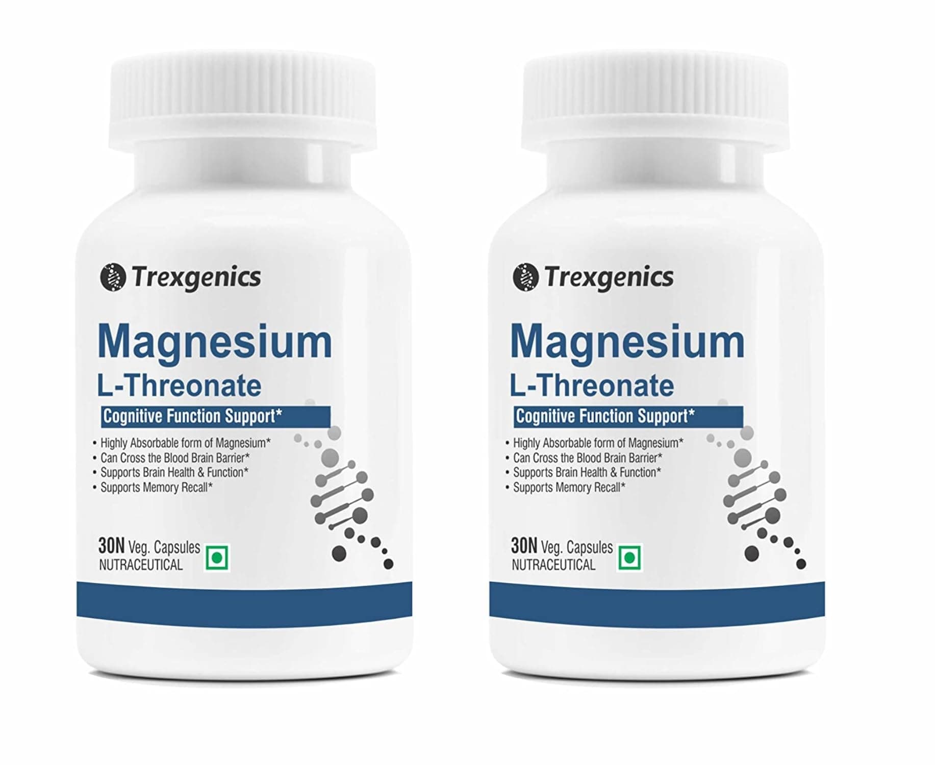 Trexgenics Magnesium L Threonate Cognitive Function & Brain Health Support (30 veg. Capsules) (Pack of 2)