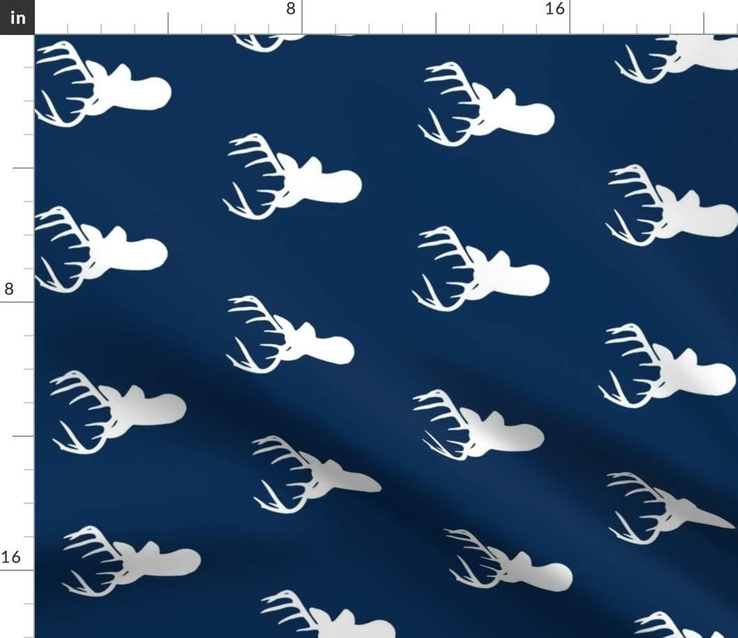 Spoonflower Fabric - Rotated Navy White Deer Head Stag Woodland Animals Printed on Petal Signature Cotton Fabric by The Yard - Sewing Quilting Apparel Crafts Decor