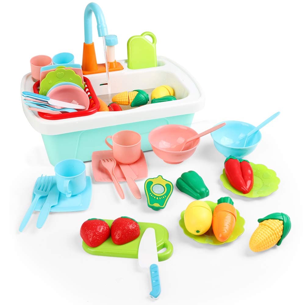 Kitchen Sink Toys 24PCS Pretend Play Wash Up Kitchen Toys Dishwasher Cutting Toys Kitchenware Press Water Faucet & Drainm Play House Pretend Role Play Toys for Boys Girls