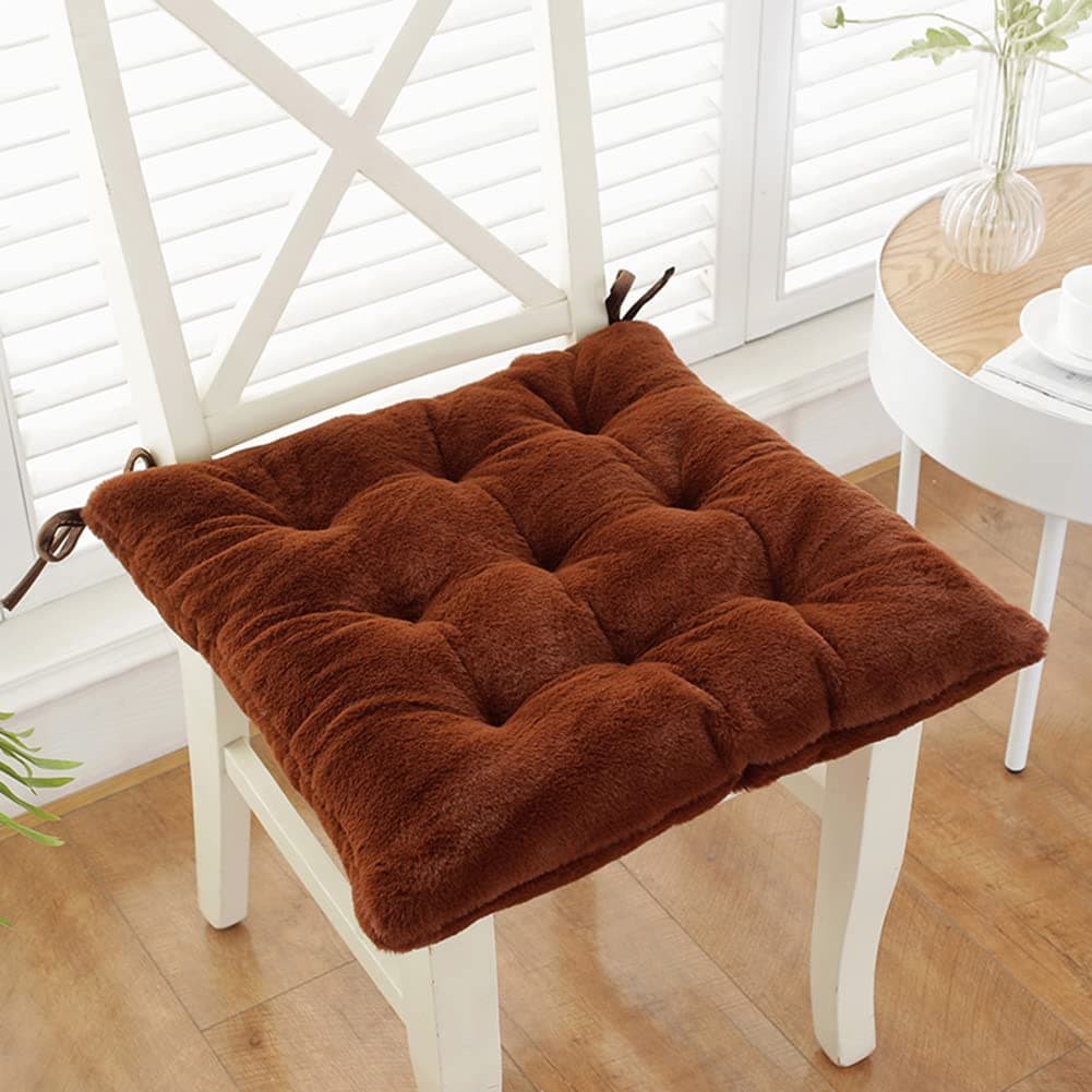 Set of 2 Plush Chair Pads, Winter Warm Chair Cushions Office Chair Seat Pad Thickened Chair Seat Cushion with Ties (S:40×40cm/15.7"×15.7", Coffee)