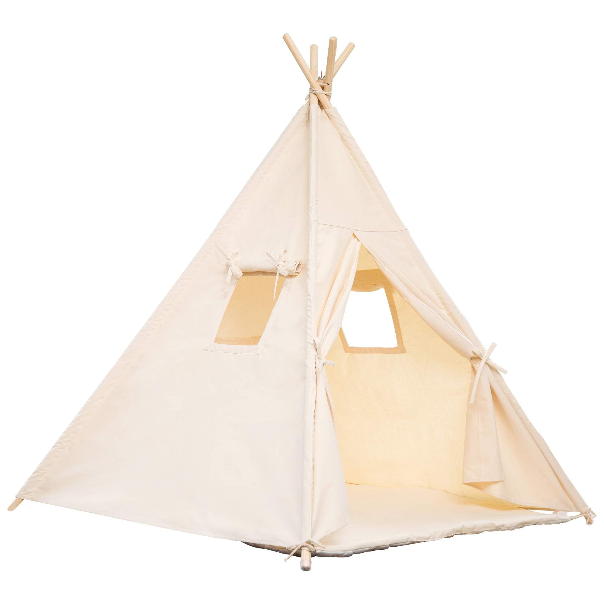 Samincom Teepee Foldable 100% Cotton Tent - Large Indoor/Outdoor Tipi for Boy Girl, with Floor Mat, Free Fun Flags Beige Color