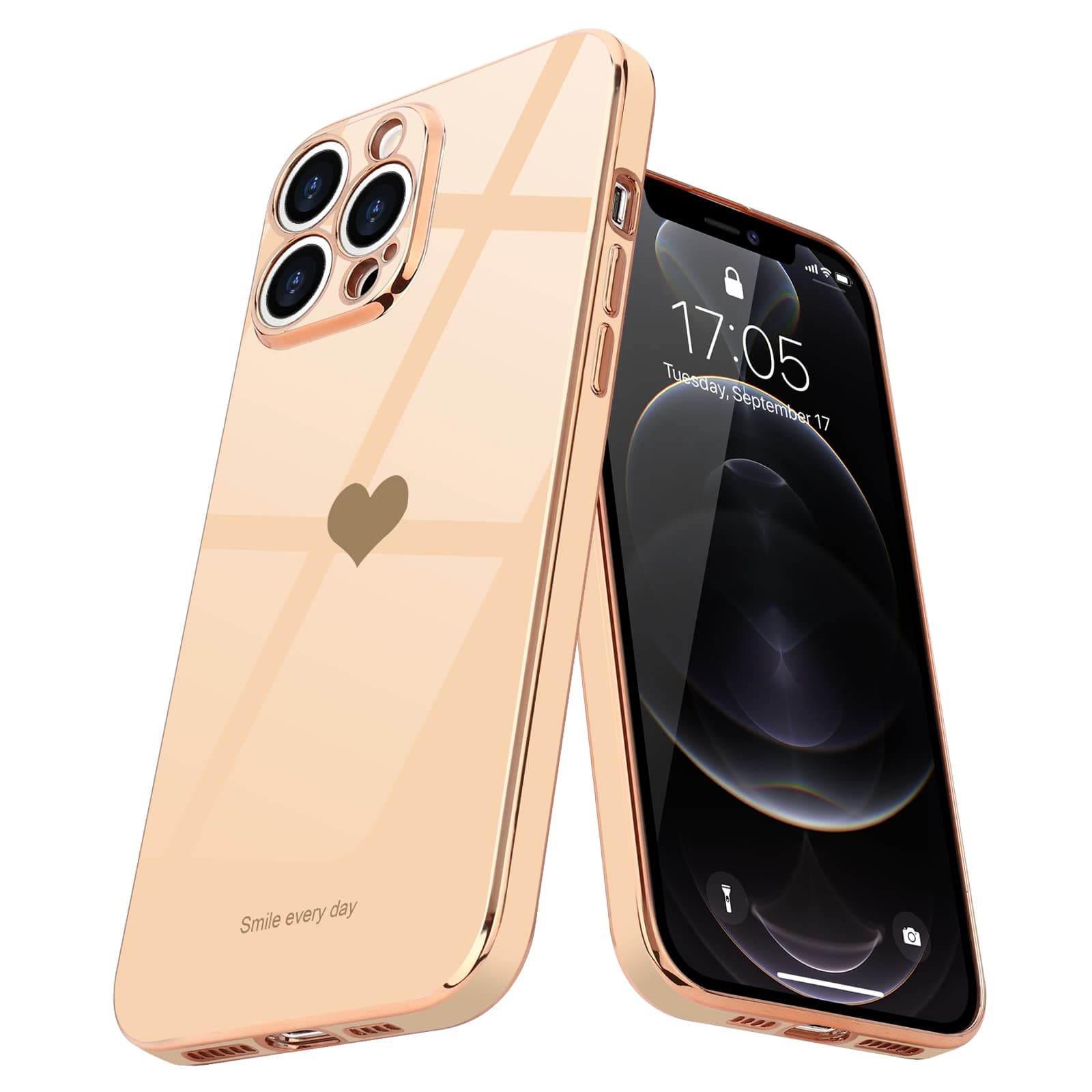 for iPhone 12 Pro Case for Women Girl Cute Love-Heart Luxury Bling Plating Soft Back Cover Raised Full Camera Protection Bumper Silicone Shockproof Phone Case for iPhone 12 Pro, Pink