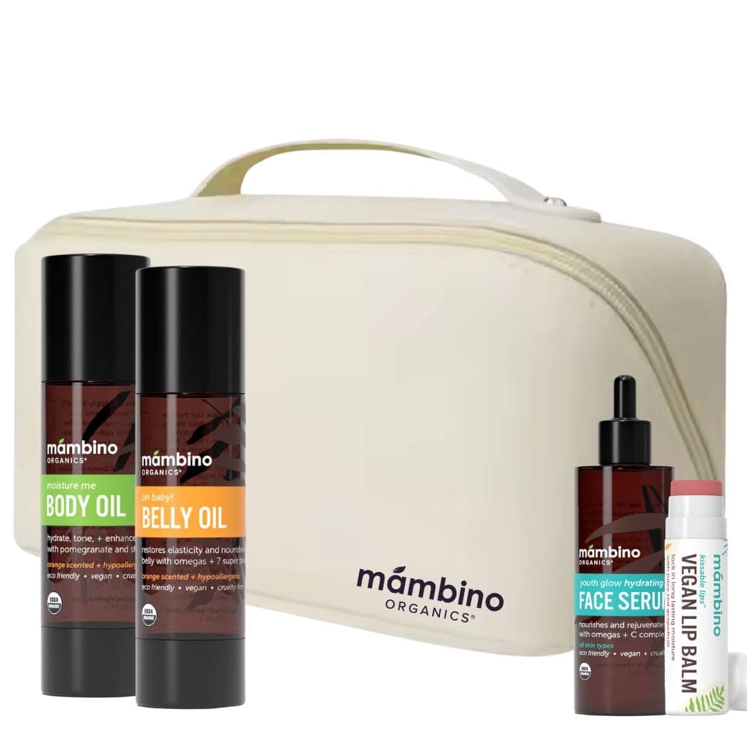 Bun in the Oven Kit - Pregnancy Skin Care Set with Body Oil, Belly Oil, Lip Balm & Face Serum - Maternity Essentials, Pregnancy Must-Haves - 5 Piece Set + Free Bag
