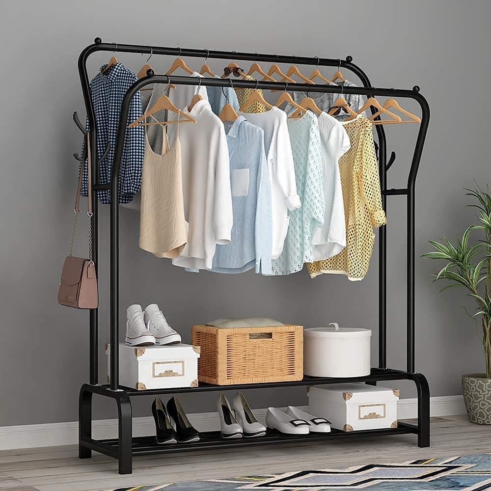 Lukzer Versatile Cloth Stand: Heavy-Duty Curved Metal Double Garment Rack with Dual Poles, 2 Bottom Shelves, and Side Hook – Perfect for Bedroom and Living Room (Black, 34 x 110 x 148 cm/MGS-003)
