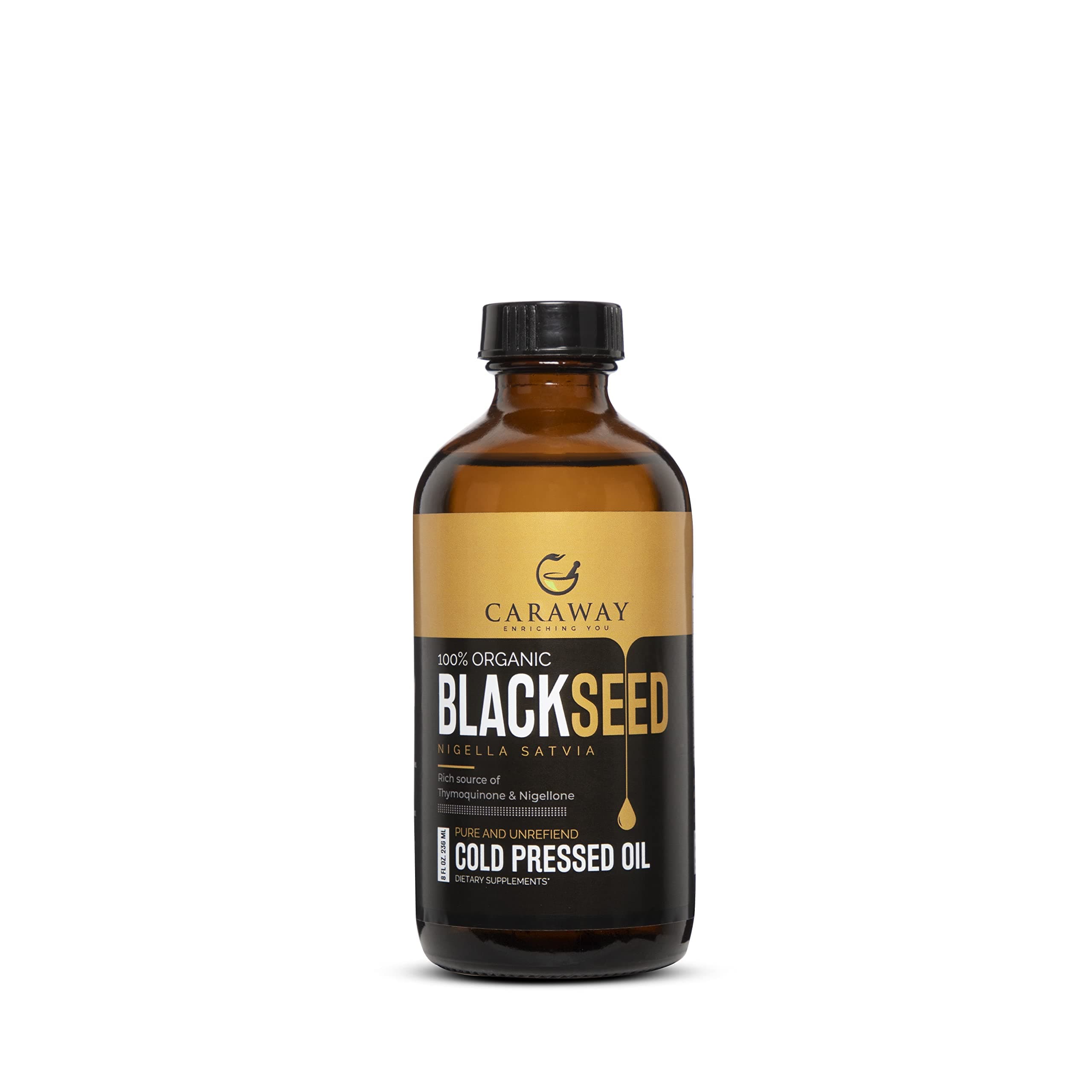 CARAWAY Organic Black Seed (Kalonji) Oil – 8 oz / 236 ml | Cold Pressed Black Cumin Seed Oil Edible Grade | Rich in Thymoquinone for Immunity Boost | Glass Bottle| Hair and skin care