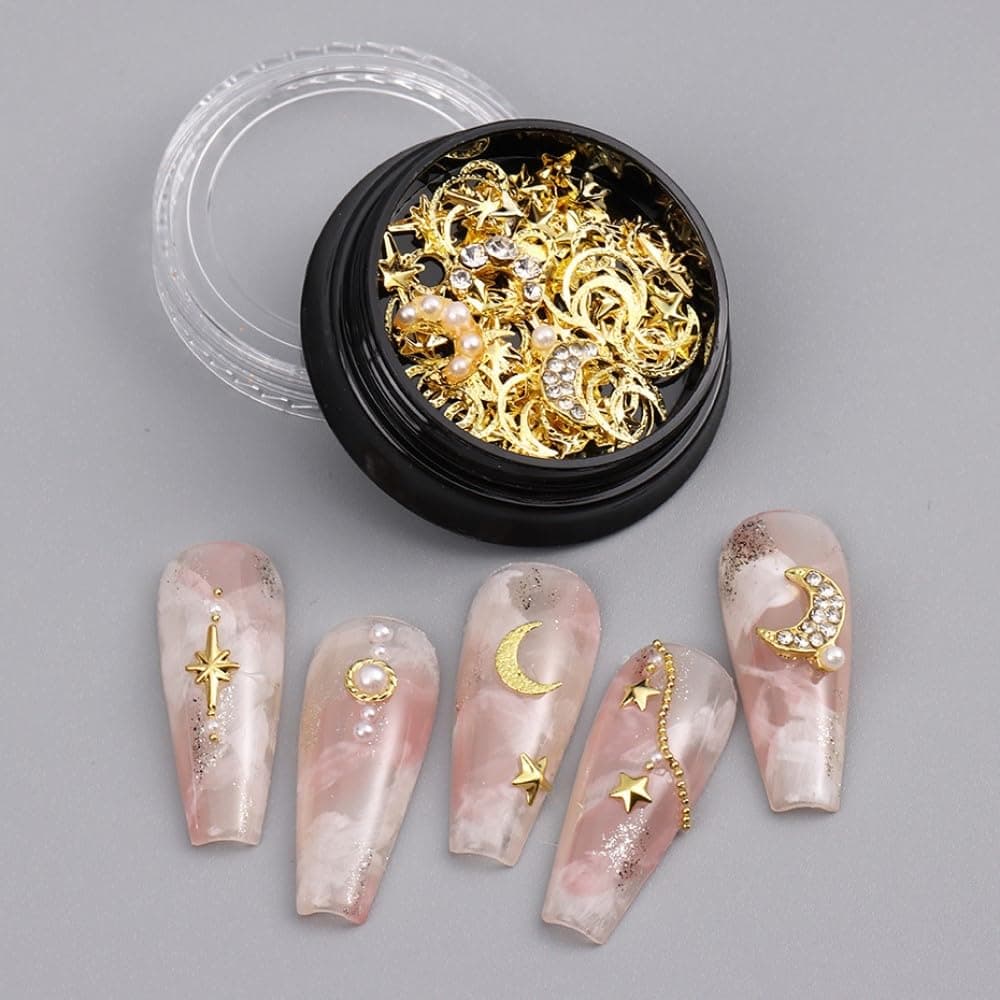 Gold Nail Studs Gems Sparkle Rhinestones Metal Rivets Charms Hollow Moon Star Shaped Artificial Pearls DIY 3D Nail Art Decoration(1 Boxes)