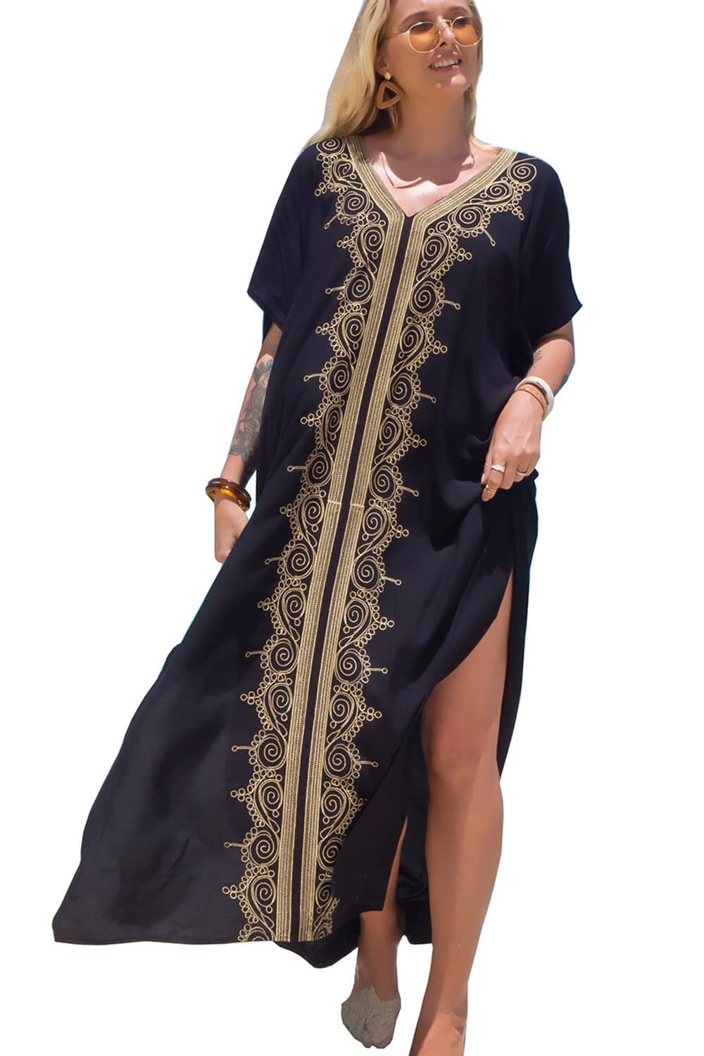 Embroidered Floral Loose Caftan Boho Beach Bikini Cover Up Dress Plus Size Robe for Women