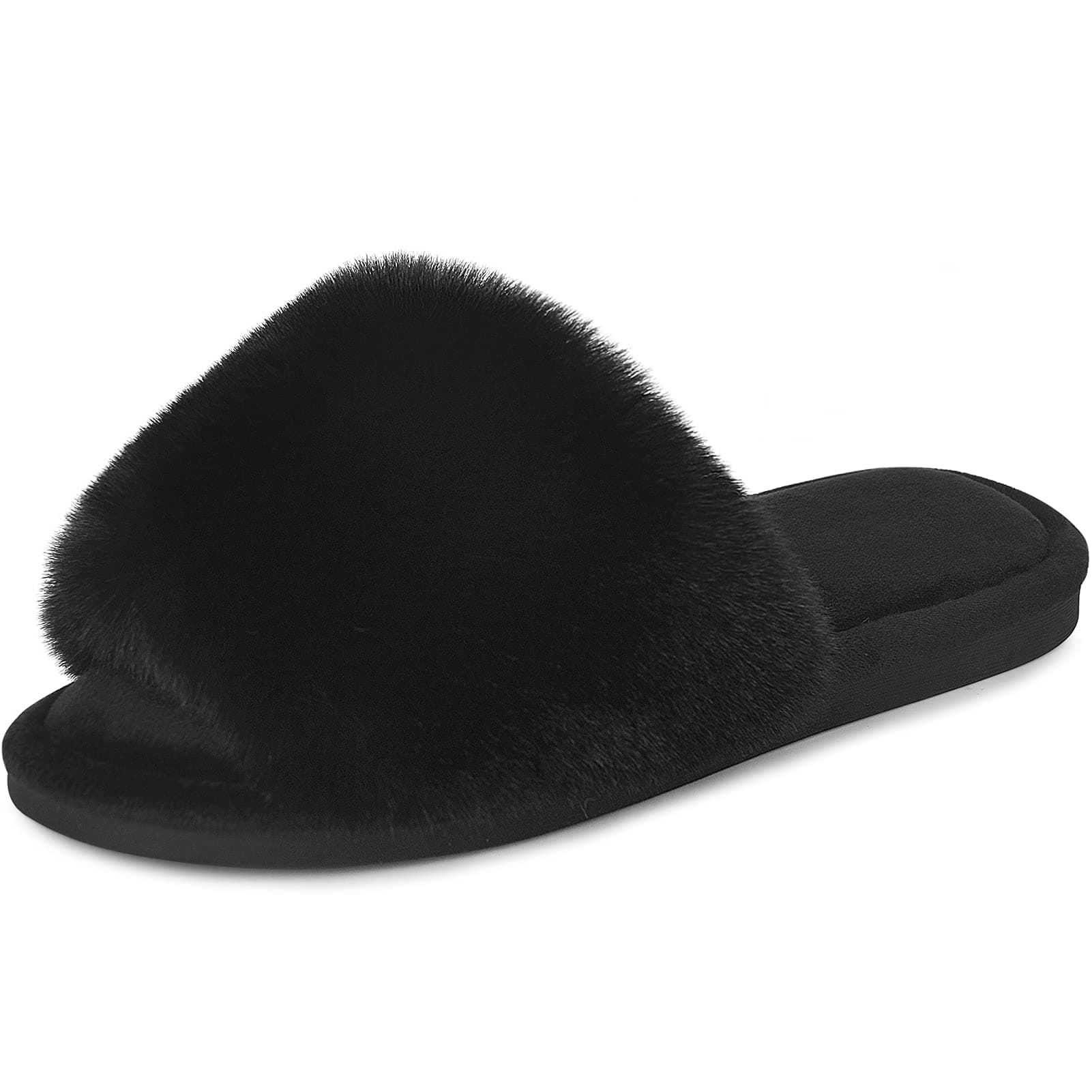 Women's Faux Fur Slippers Fuzzy Flat Spa Fluffy Open Toe House Shoes Indoor Outdoor Slip on Memory Foam Slide Sandals