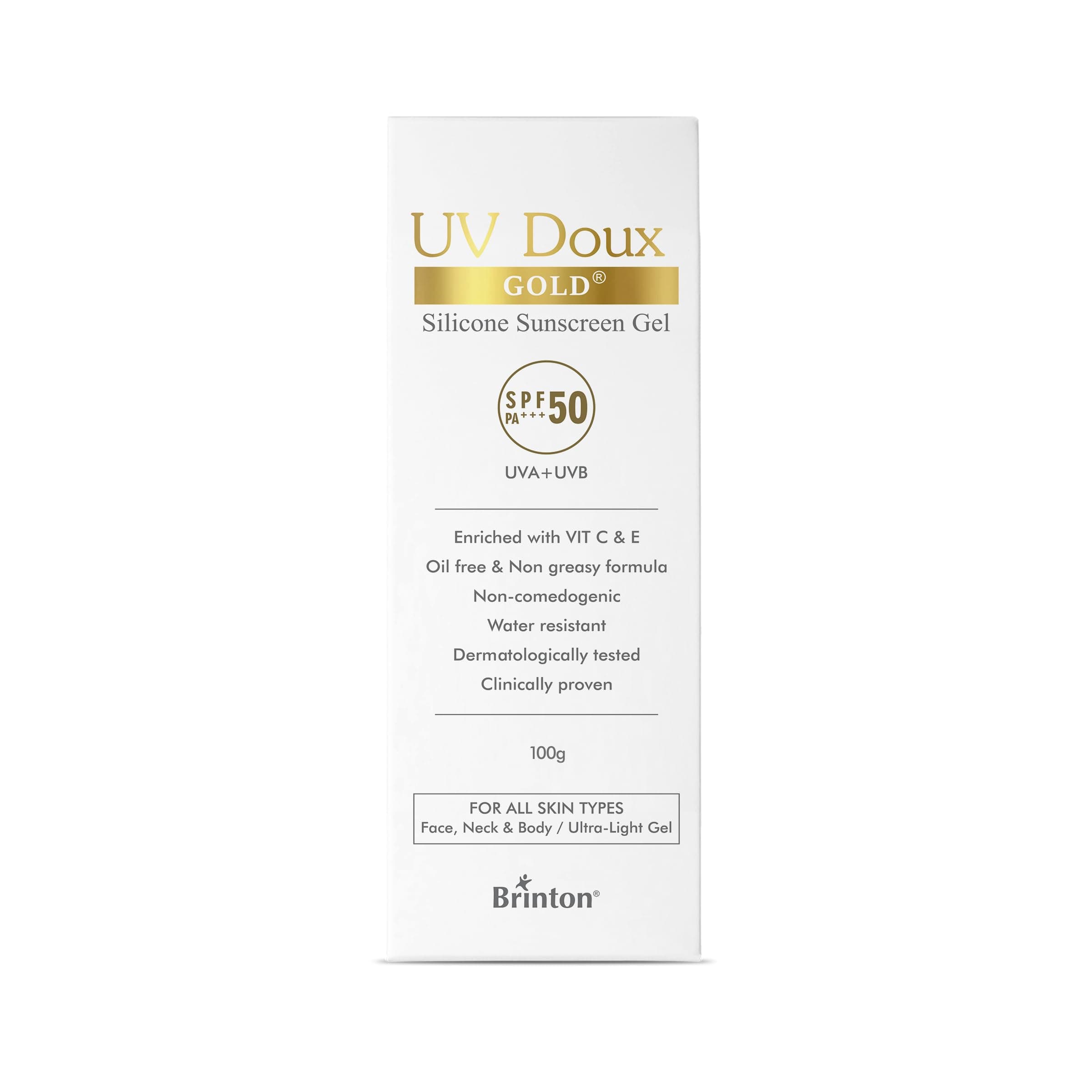 UV Doux Gold Silicone Sunscreen Gel SPF 50 PA+++ | With Vitamin C & E | Broad Spectrum UVA/UVB Protection | Anti-Aging, Antioxidant-Rich, Water-Resistant Gel for Hyperpigmentation | Benzene-Free |100g