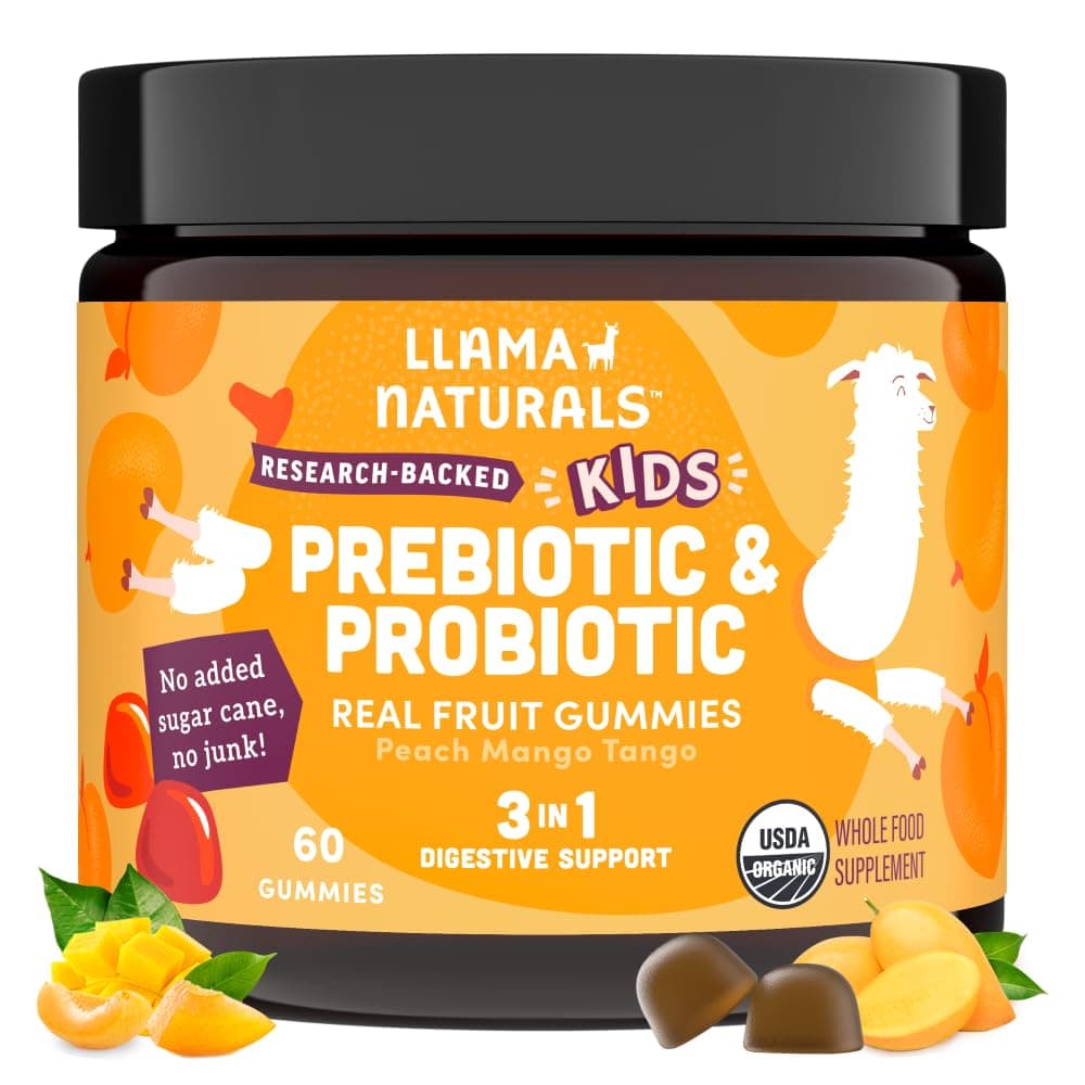 Kids Probiotic with Prebiotic Fiber, Vegan, Organic Prebiotics and Probiotics Gummies for Gut Health Support, Toddler Real Fruit Gummy Vitamins, No Added Sugar Cane, Peach Mango, 60 Ct