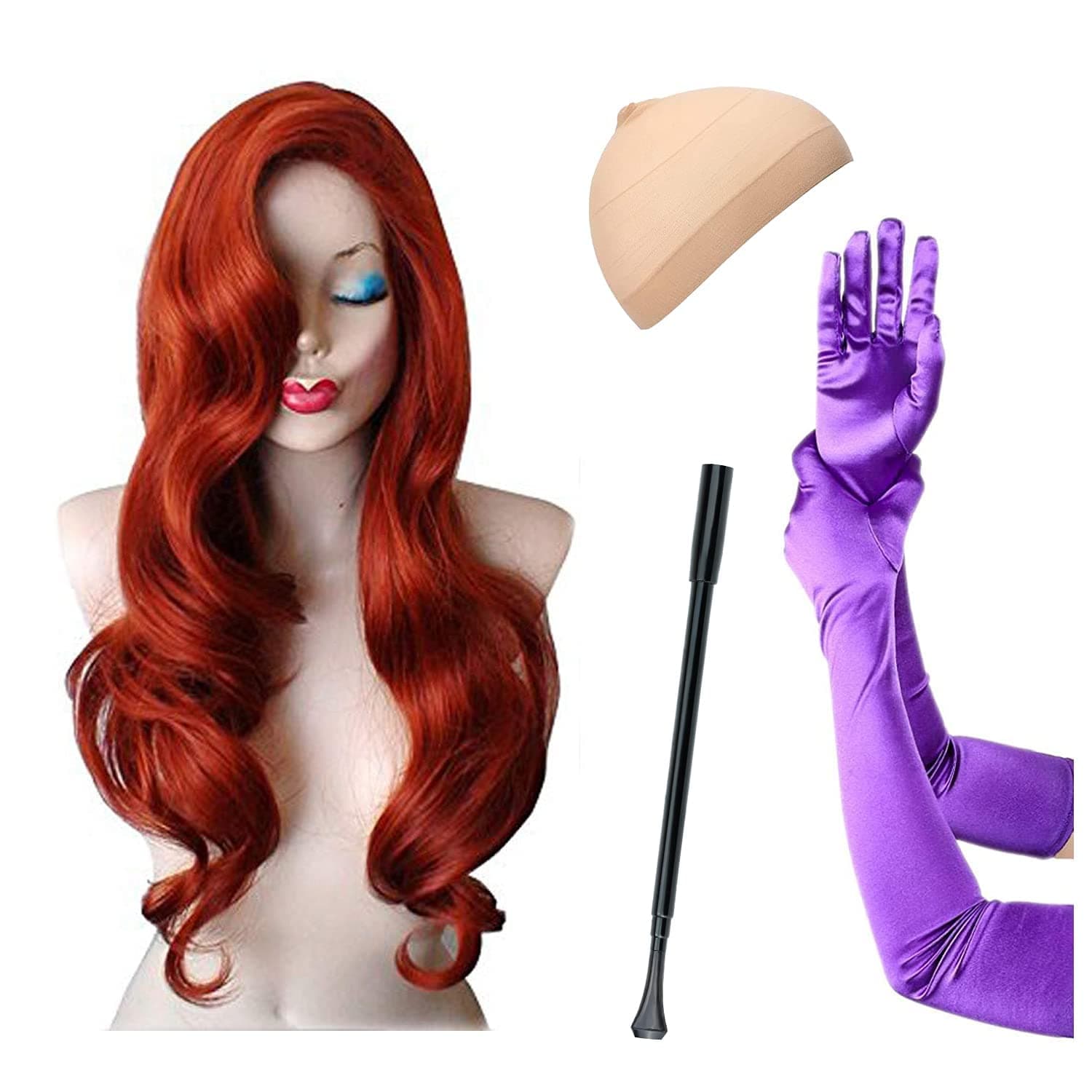 Jessica Rabbit Costume Red Wig Purple Gloves Plastic Holder Fancy Dress Costume Set