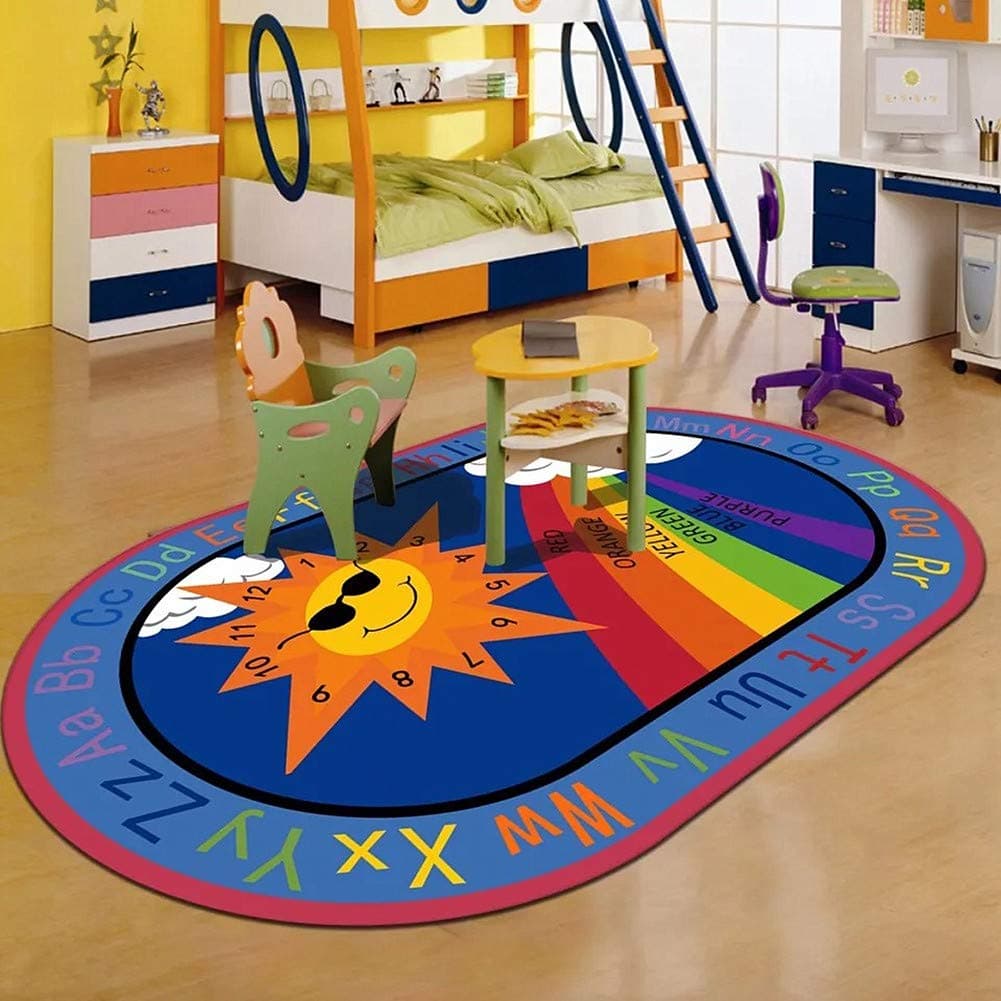 Kids Rugs Cartoon ABC with Numbers Anti-Skid Classroom Playroom Area Alphabet Rugs,Oval Child Large Carpet for Boys Girls Babies Educational Rugs (2'7''x3'11'', Sun-Rainbow)