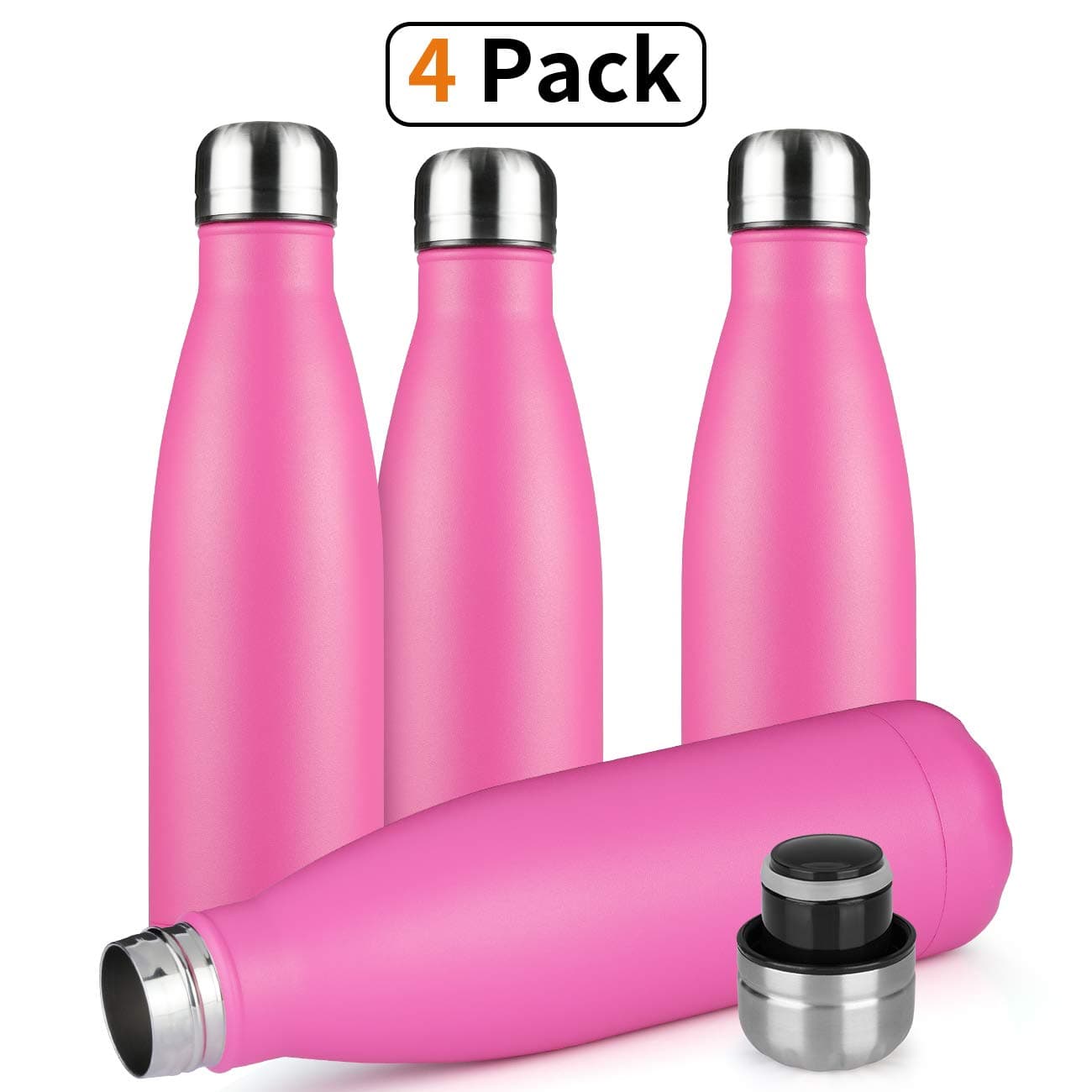 Water Bottle Stainless Steel BPA Free Leak Proof Large Capacity Cola Shape Flask Kids Thermoses for Sports Travel Outdoor (Rose Pink 4pc,17oz)