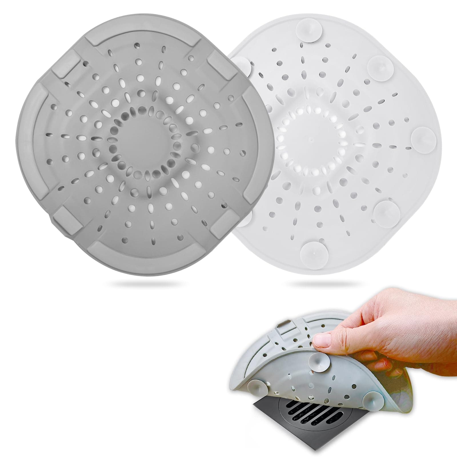 Hair Drain Catcher,Square Drain Cover for Shower Strong Adhesion Silicone Hair Stopper with Suction Cup,Easy to Install Suit for Bathroom,Bathtub,Kitchen 2 Pack (Grey White Upgrade Suctions)