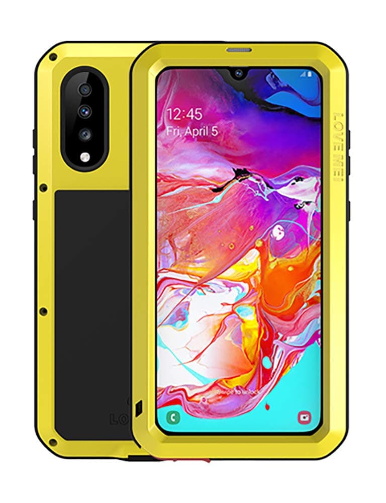 LOVE MEI IP68 Waterproof Case for Samsung Galaxy A70 (6.7-inch), Full Body Outdoor Shockproof Heavy Duty Hybrid Aluminum Metal Snowproof Cover with Tempered Glass, Support Wireless Charging (Yellow)