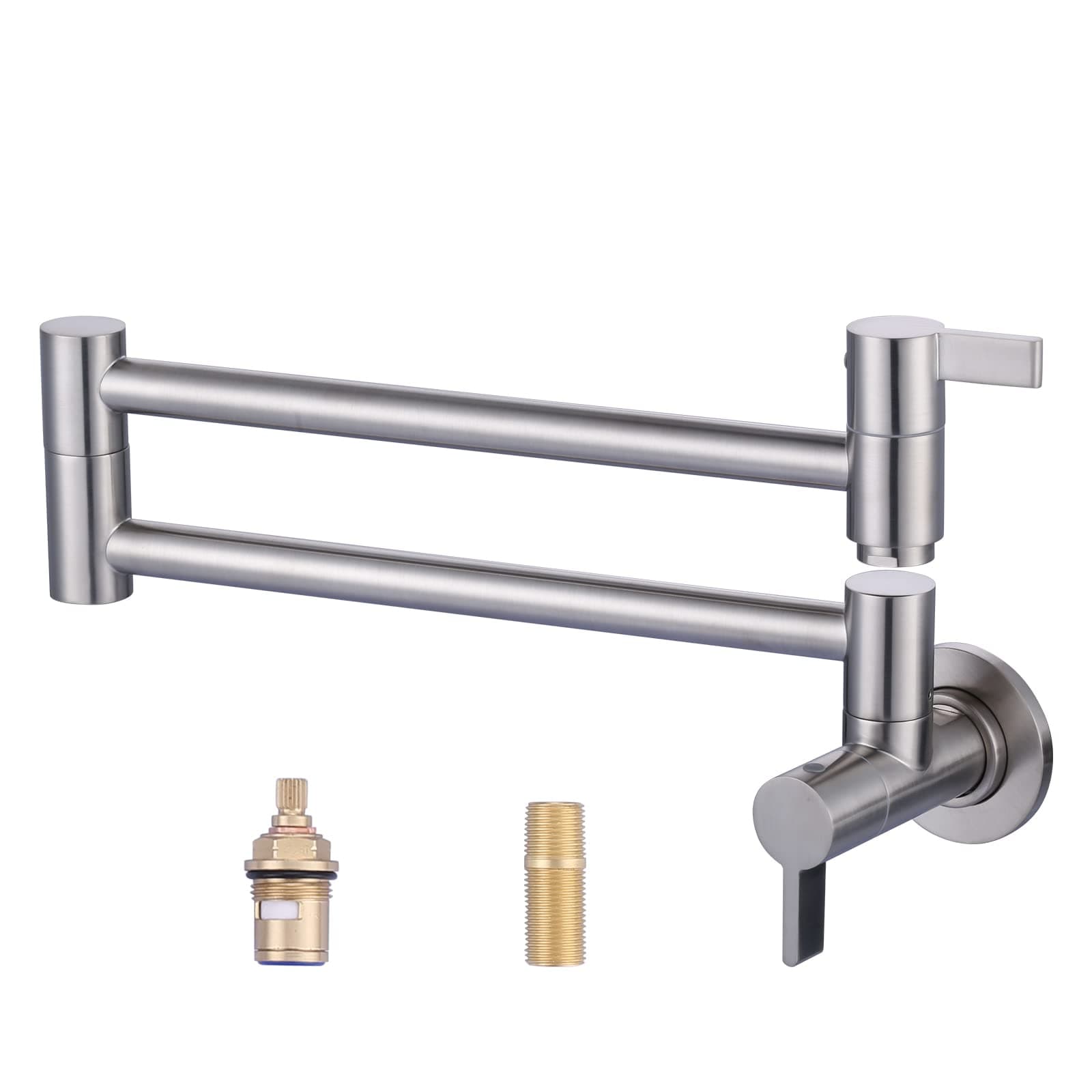 Pot Filler Faucet Brushed Nickel, ARCORA Modern Pot Filler Wall Mount 2 Handle with Double Joint Swing Arms Brass Stove Faucet