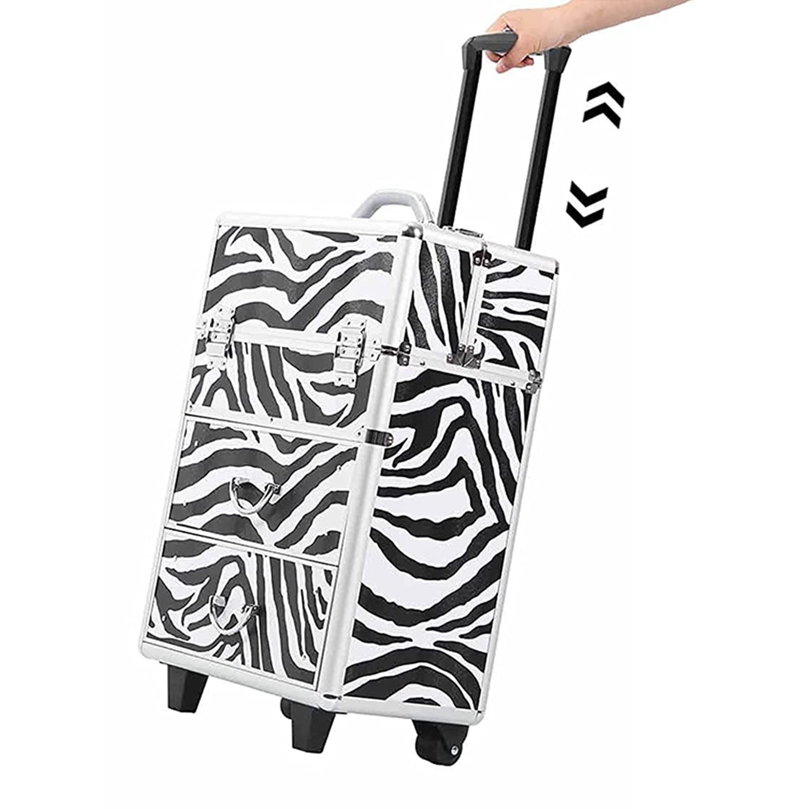 3 in 1 Rolling Makeup Train Case Trolley, Portable Multifunction Aluminum Cosmetic Artist Travel Storage Jewelry Lockable Organizer with 2 X Keys & Telescopic Lift Handle, White Zebra Print