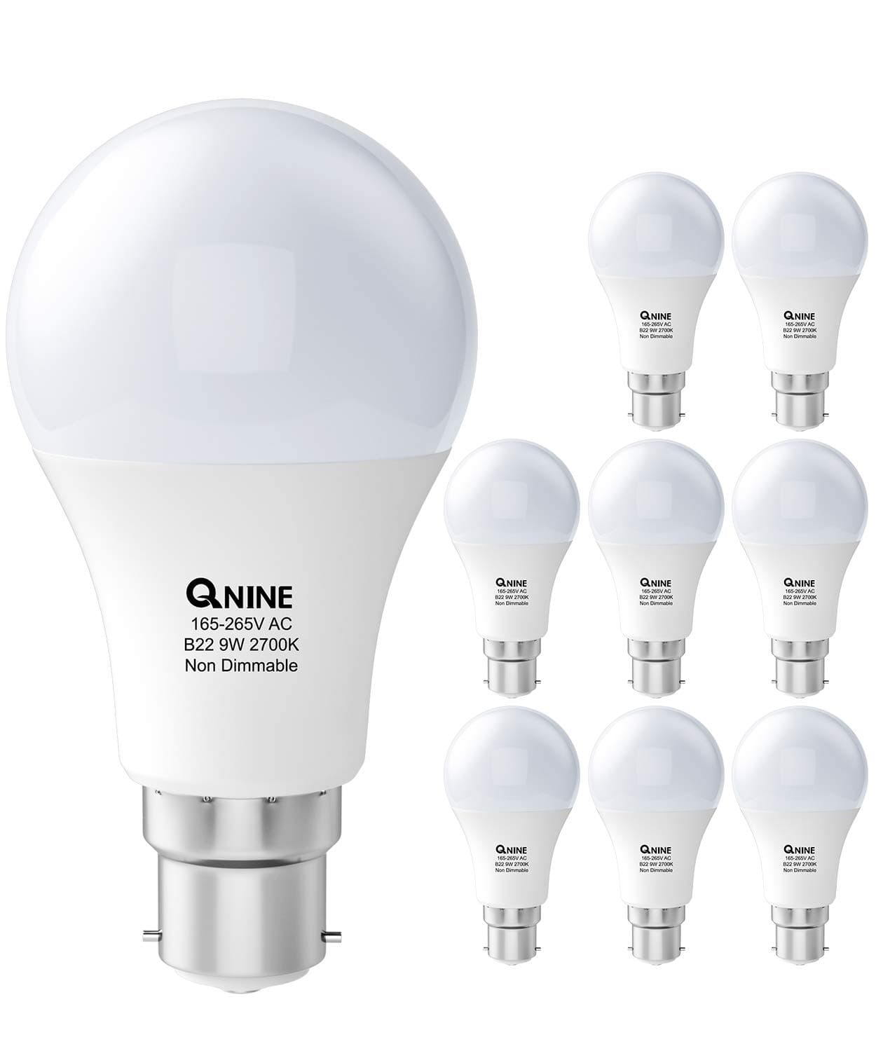 QNINE 8 Pack Warm White Bayonet Light Bulbs, 9W (60W Equivalent), 806lm, 2700K, B22 LED Bulb, Lightbulbs Bayonette Energy Saving, Non-Dimmable [Energy Class F]