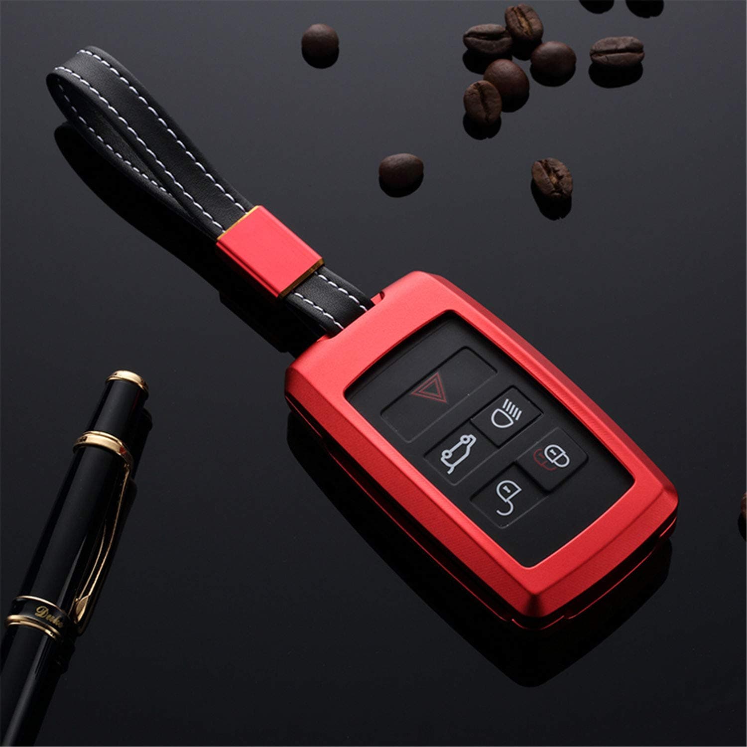 Car Key Fob Cover For Discovery 5 For Range Rover Evoque Sport Vogue For Jaguar E-PACE I-PACE Smart Remote Key, Aluminum Car Key Case Cover Protector With Wrist Lanyard - Red