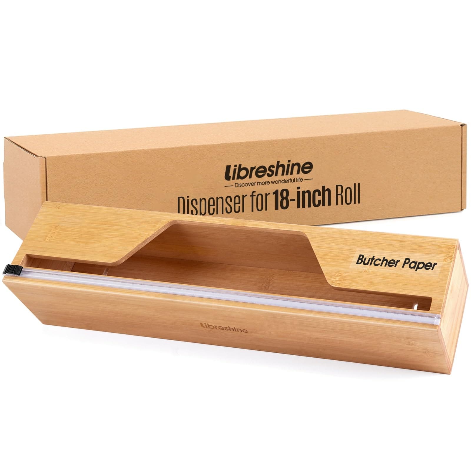 18 Inch Butcher Paper Dispenser with Cutter | Heavy-Duty Holder for Plastic Wrap, Foil, Freezer Paper & Kraft Rolls | Wall/Tabletop Bamboo Organizer | Kitchen, Crafting, Commercial Use