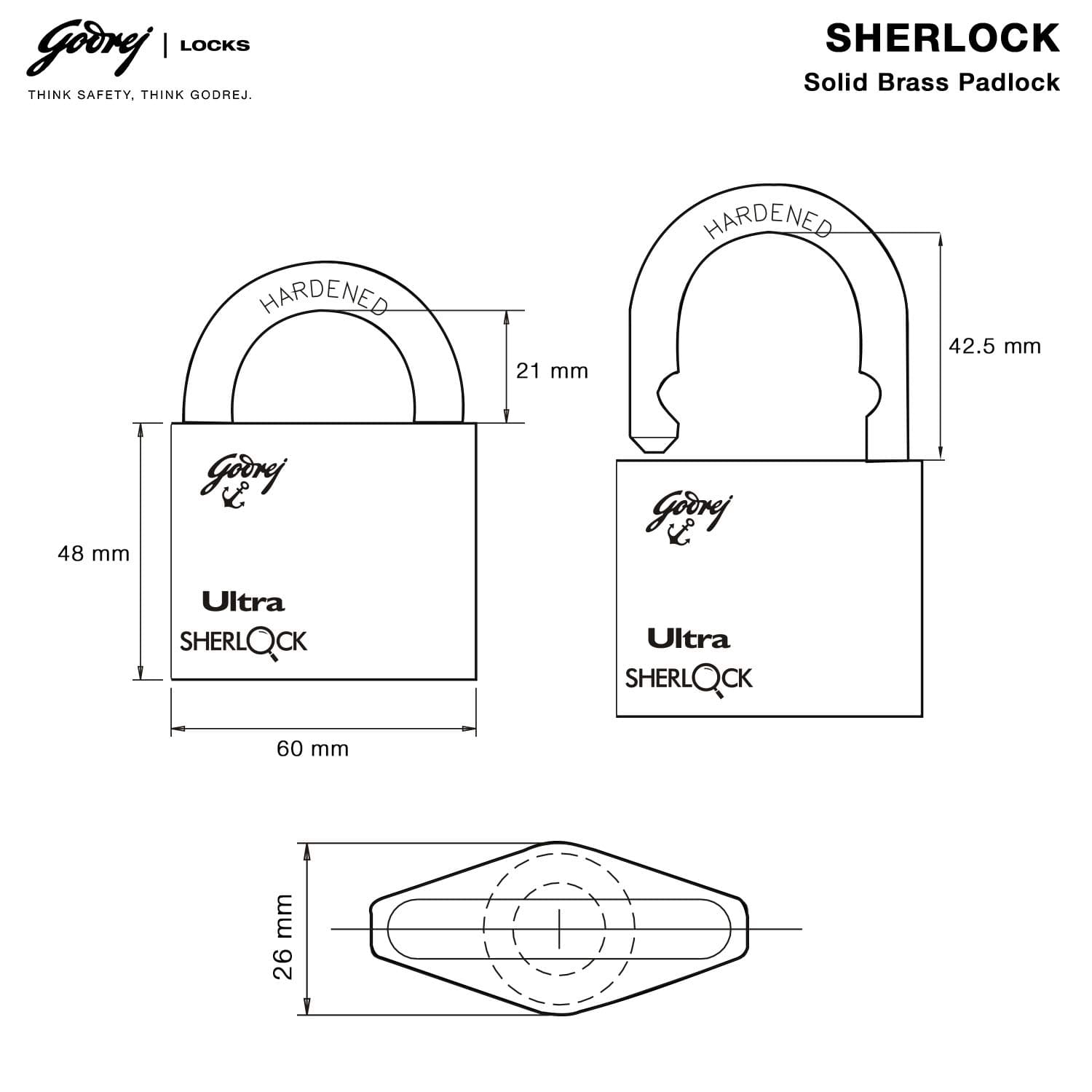 Godrej Locks I Ultra Sherlock 60mm I 3 Dimple Keys I Square Padlock for Main Door I Gate Lock I Lock for Tool Box, Shutters, Shops & Offices I Hardened Shackle I Solid Brass Body I Brass Finish