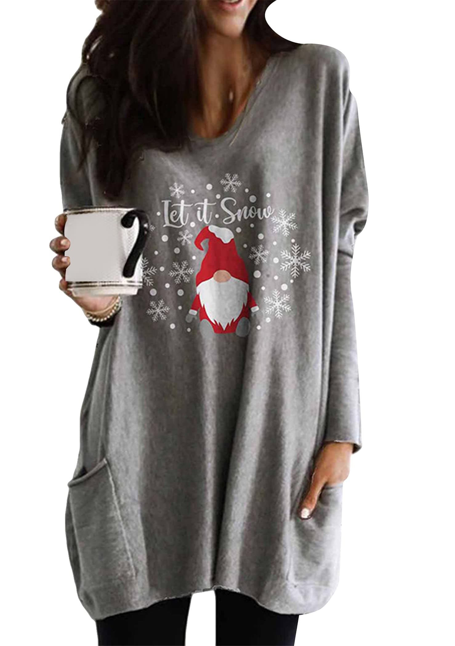 OMZIN Frauen Fröhliche Weihnachten Sweatshirt Rundhalsausschnitt Pullover Neuheit Lustige Grafik Langarm T-Shirts Weihnachten Urlaub Lässige Bluse Mit Taschen